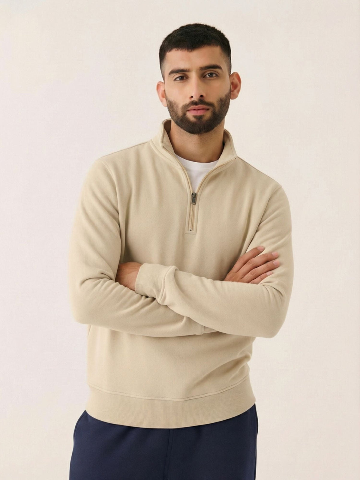 Quarter Zip Sweatshirt in Stone, worn by a model