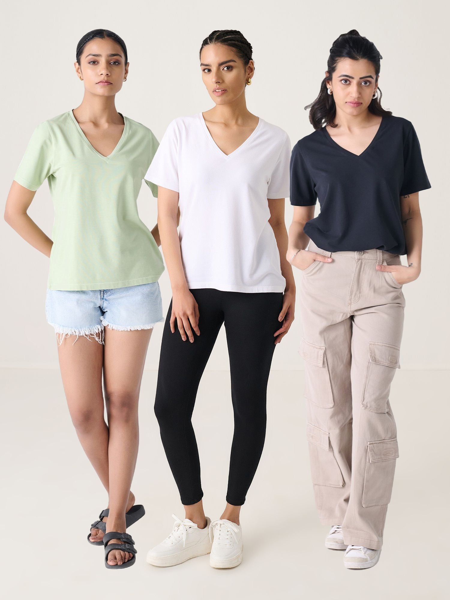 3x V Neck Short Sleeve Bundle (Woman) - White + 2 Colours