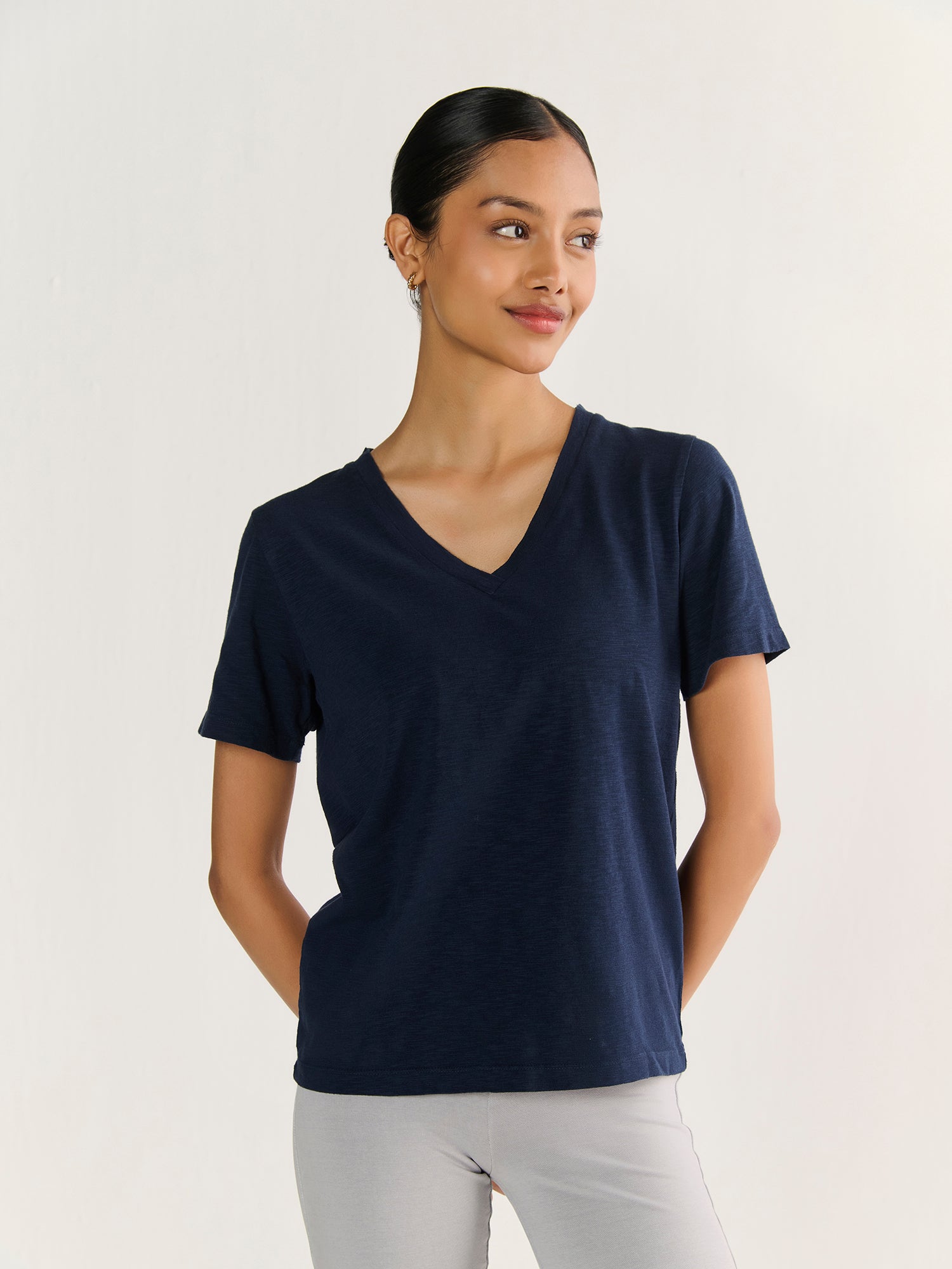 Textured Slub V Neck Short Sleeve
