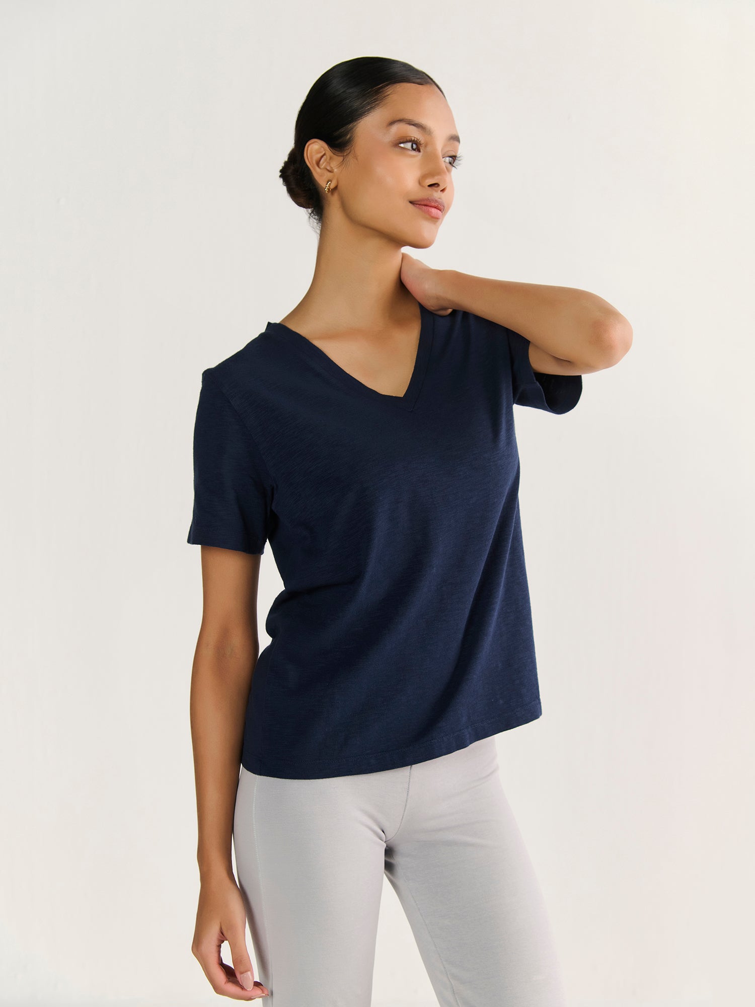 Textured Slub V Neck Short Sleeve