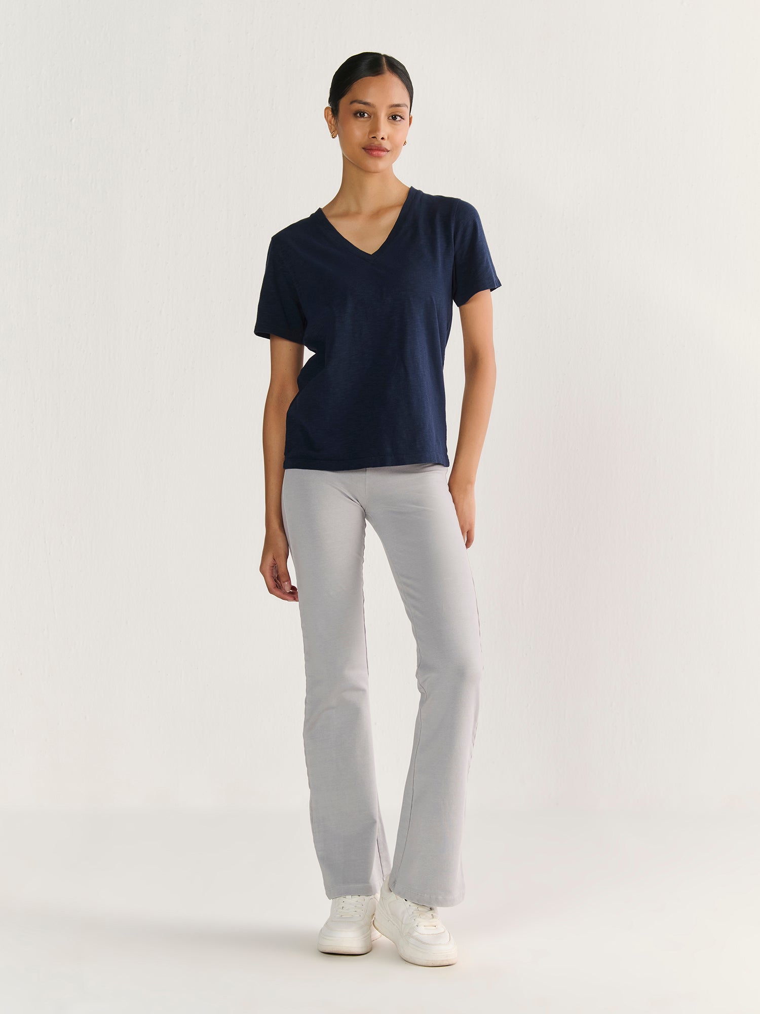 Textured Slub V Neck Short Sleeve
