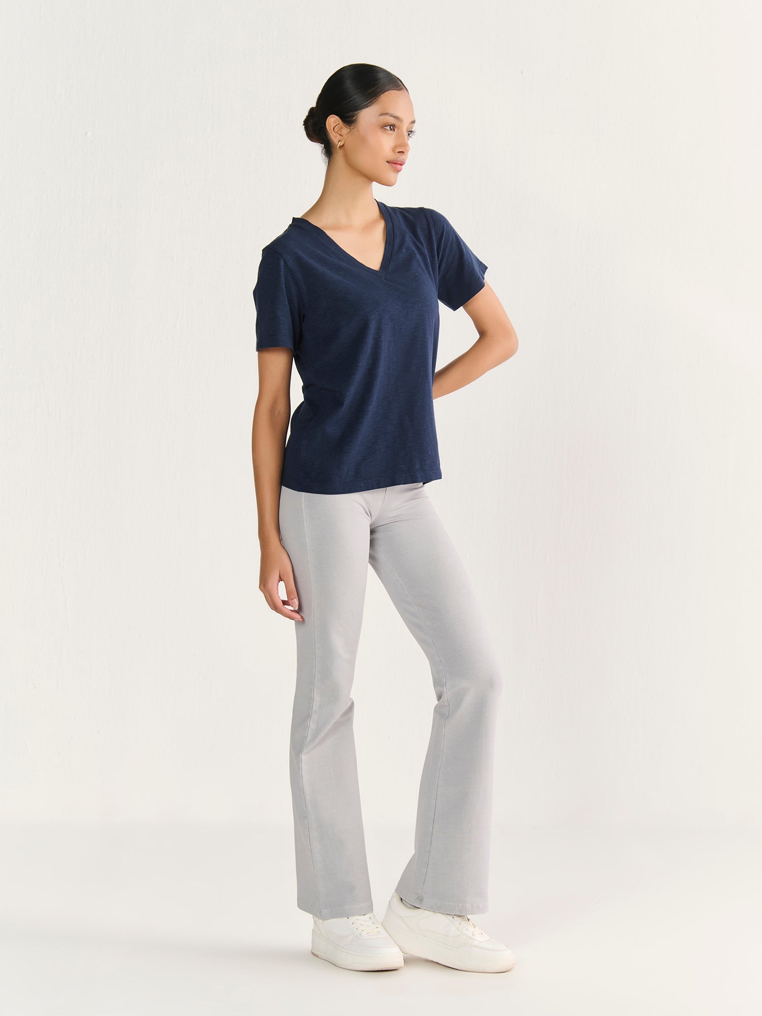 Textured Slub V Neck Short Sleeve