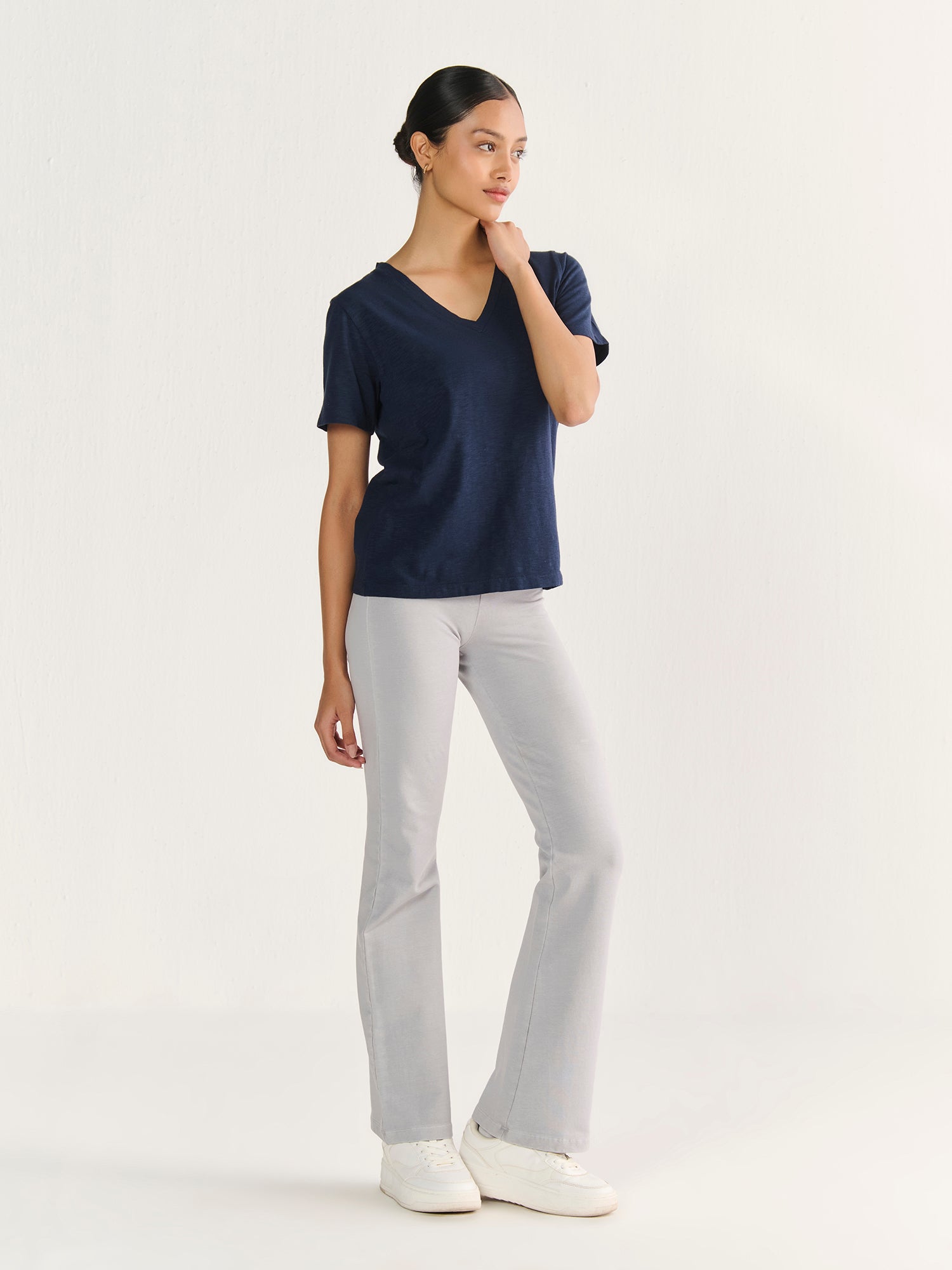 Textured Slub V Neck Short Sleeve