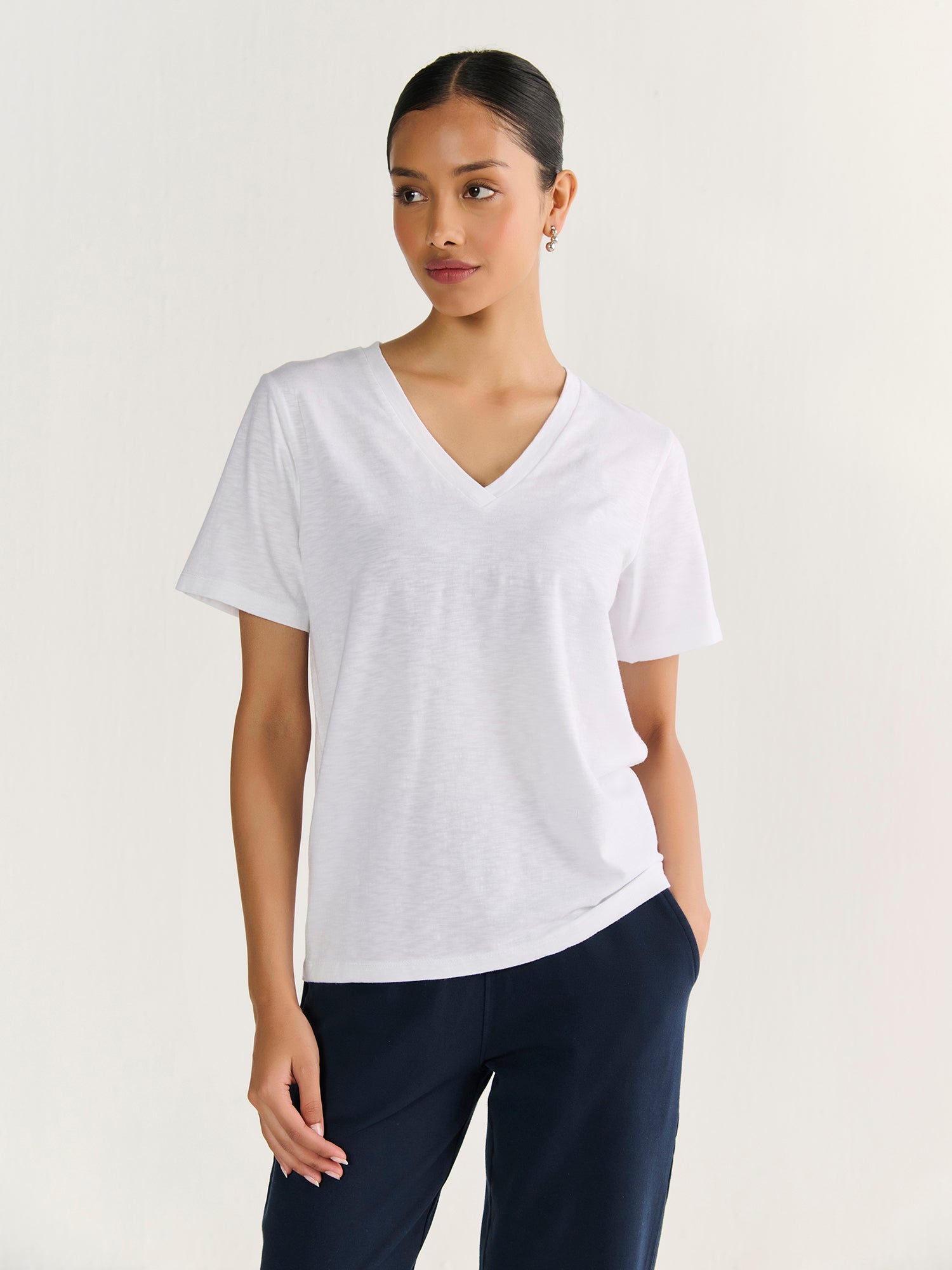 Textured Slub V Neck Short Sleeve