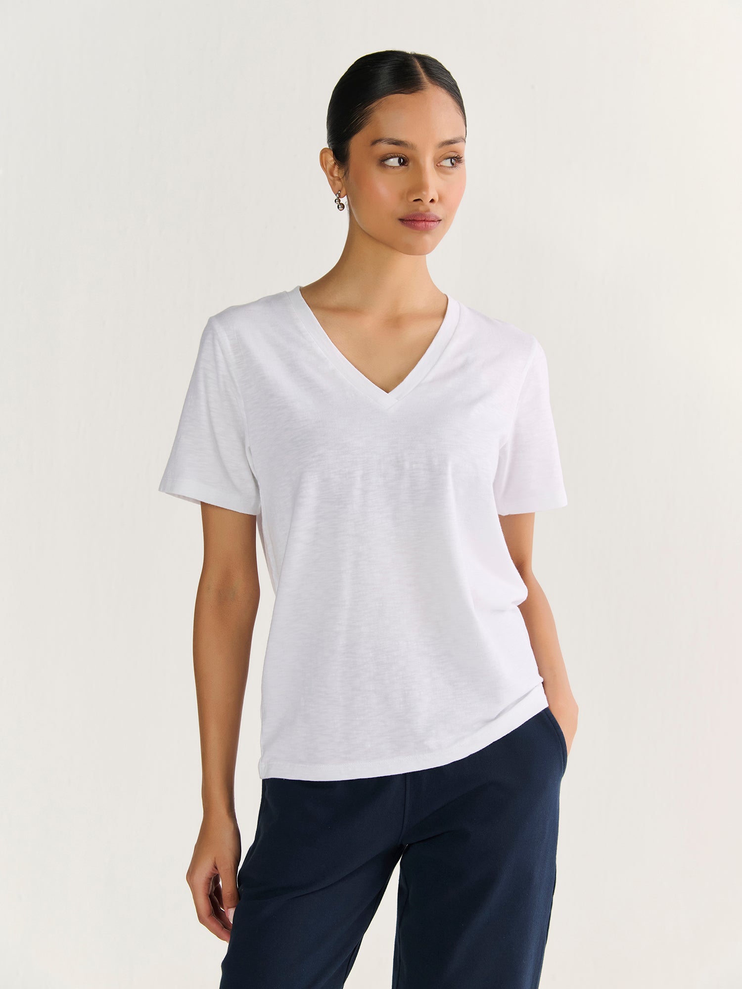Textured Slub V Neck Short Sleeve