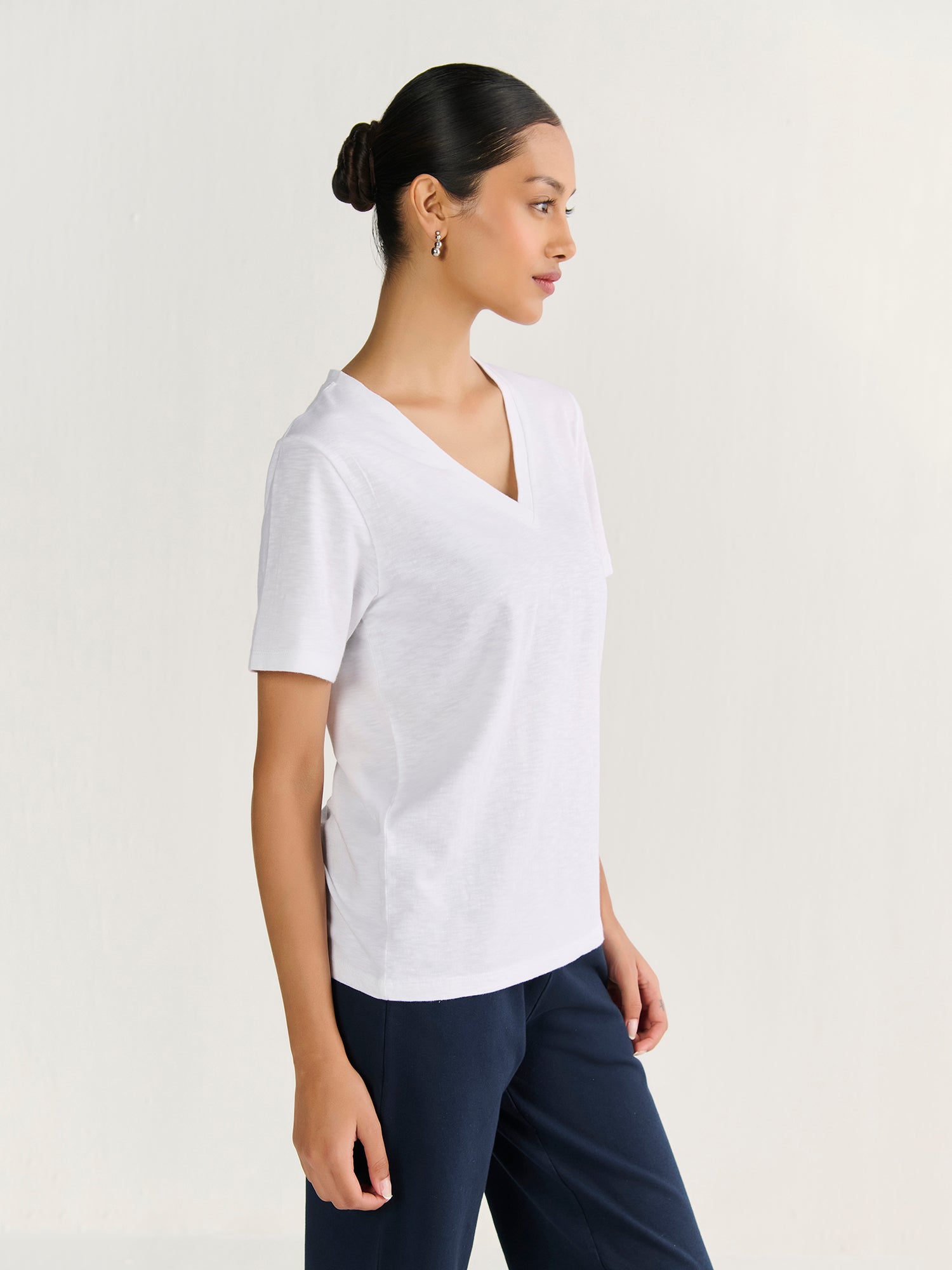Textured Slub V Neck Short Sleeve