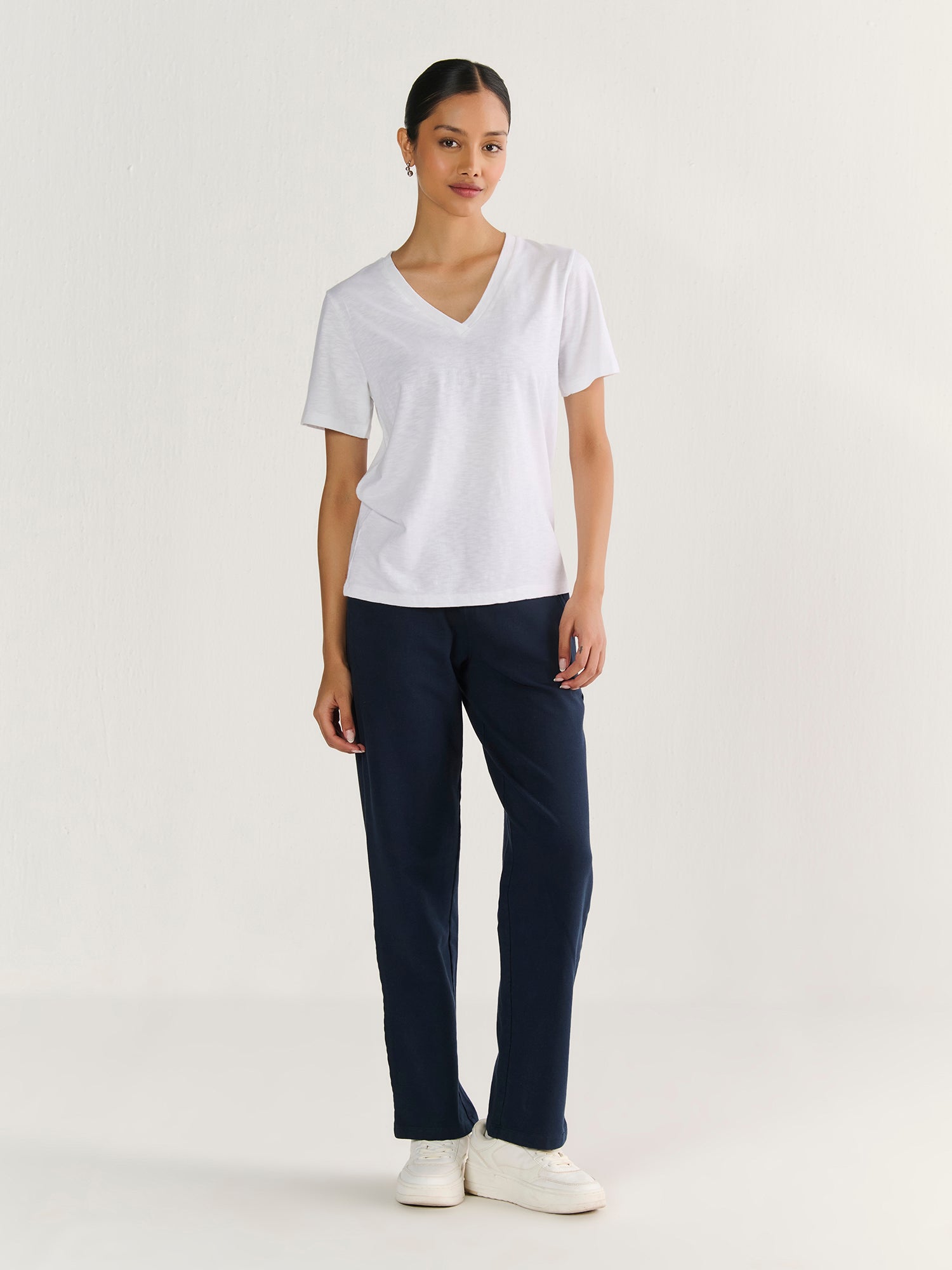 Textured Slub V Neck Short Sleeve