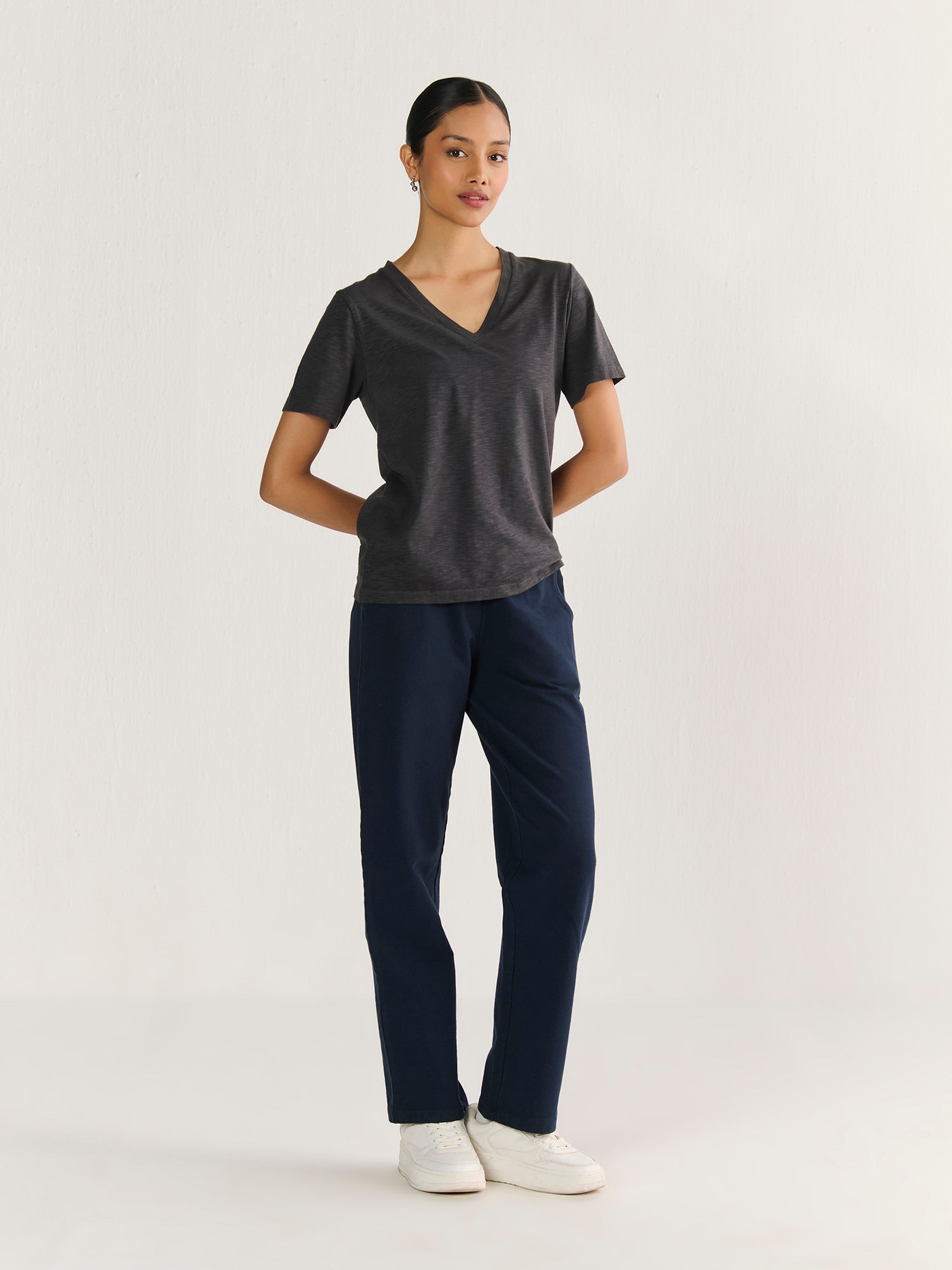 Textured Slub V Neck Short Sleeve