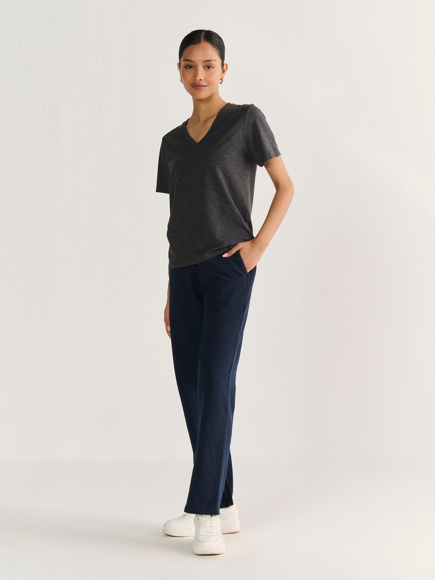 Textured Slub V Neck Short Sleeve