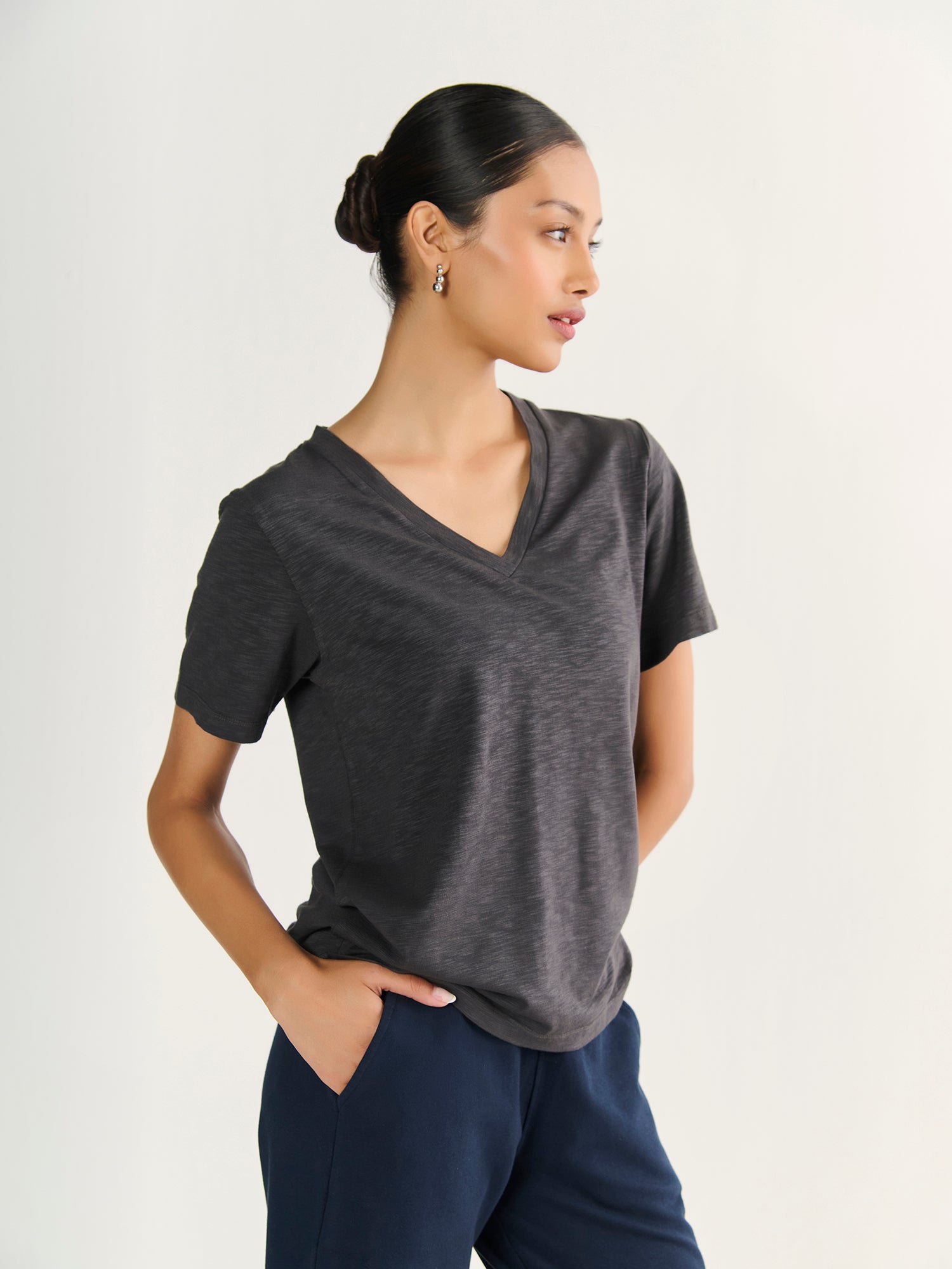 Textured Slub V Neck Short Sleeve