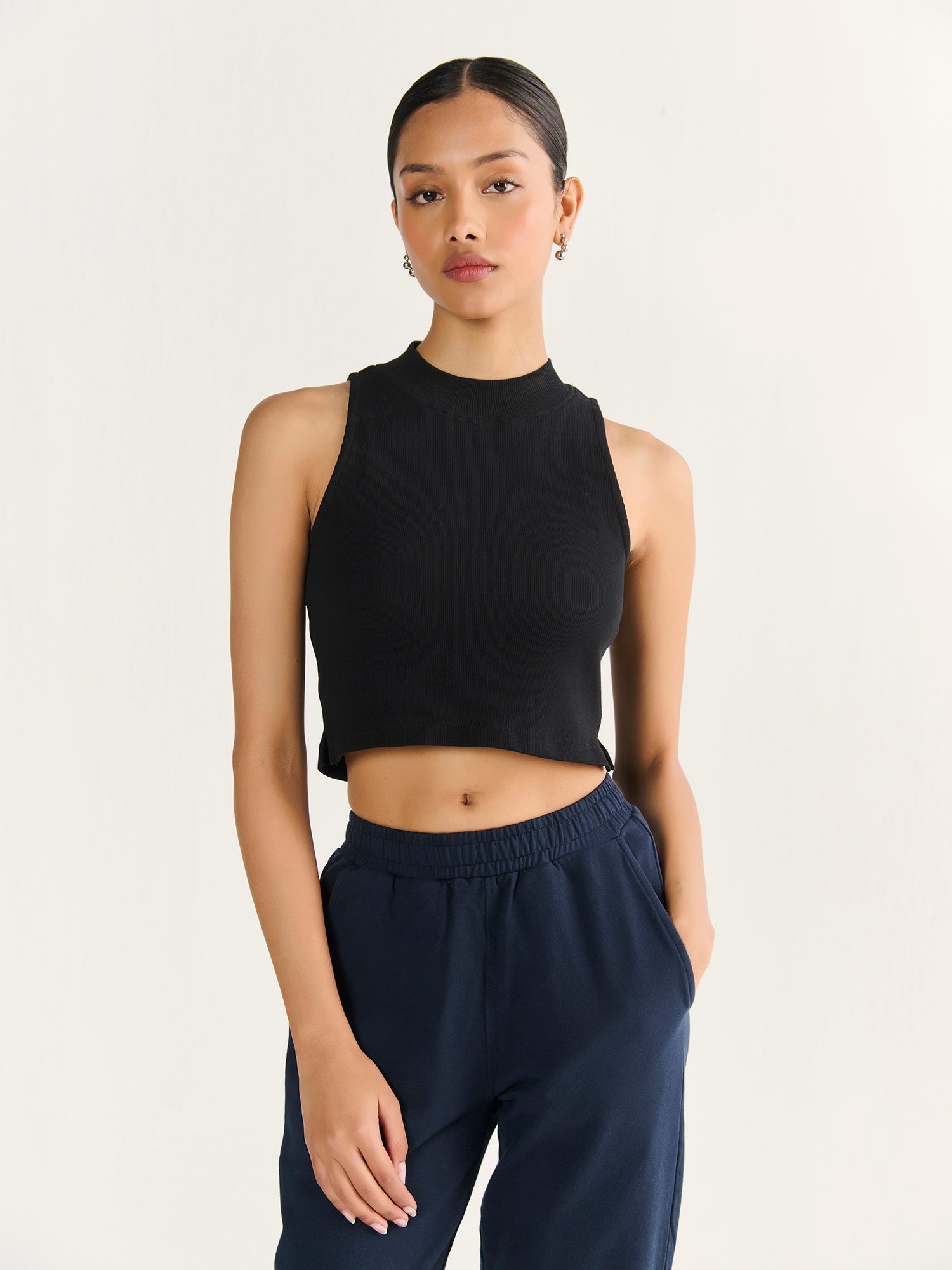 Rib High Neck Cropped Tank