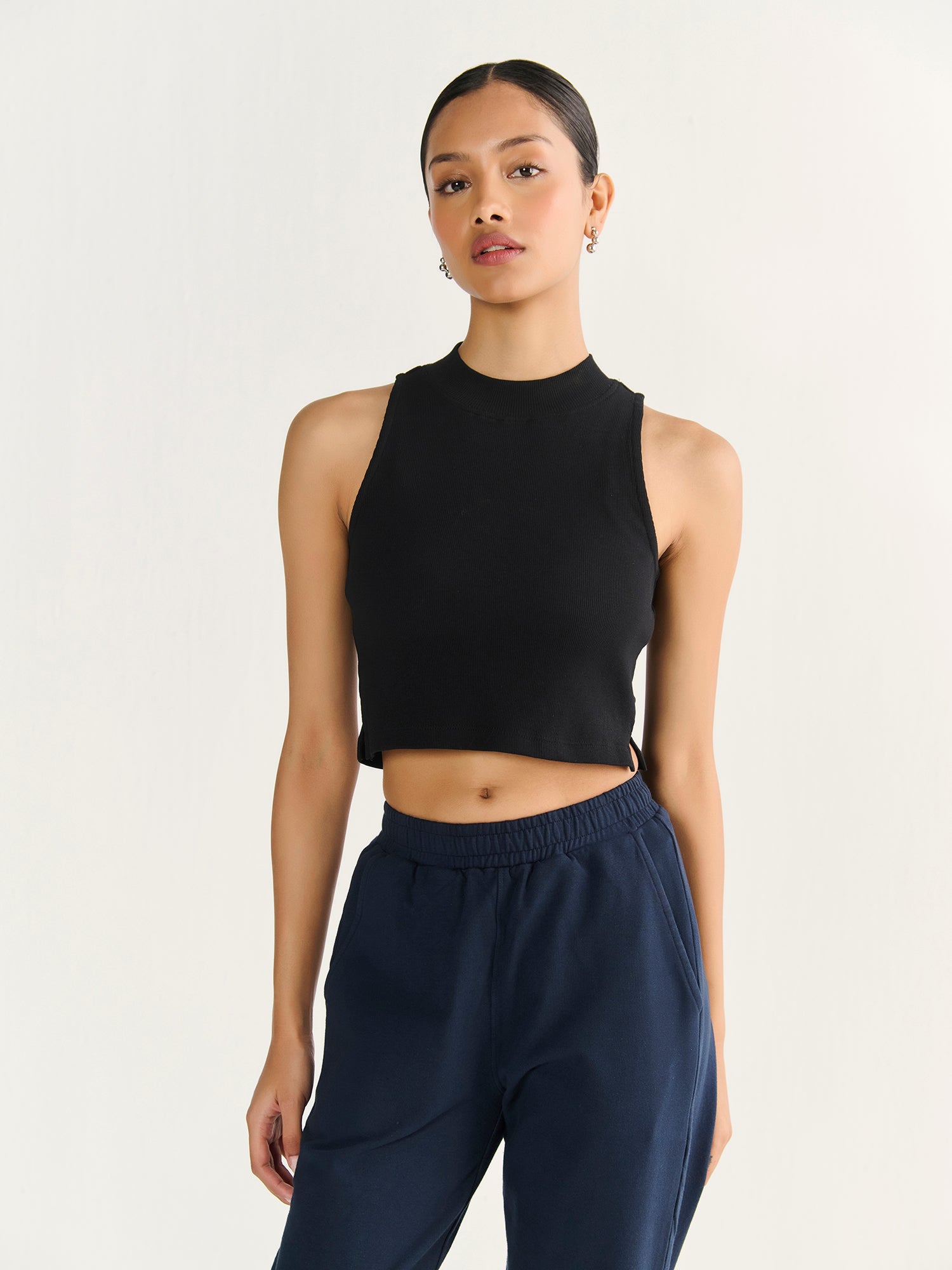 Rib High Neck Cropped Tank