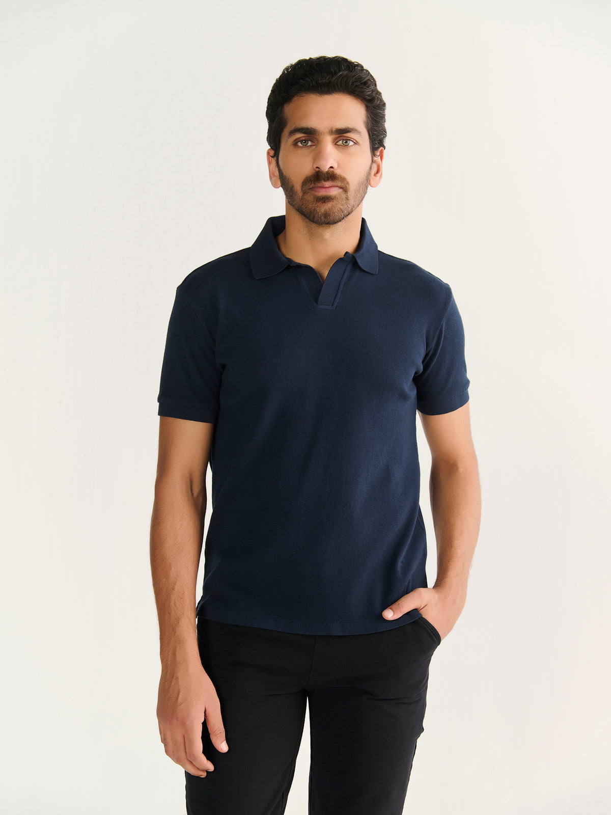 Rib Knit Polo - Navy Blue