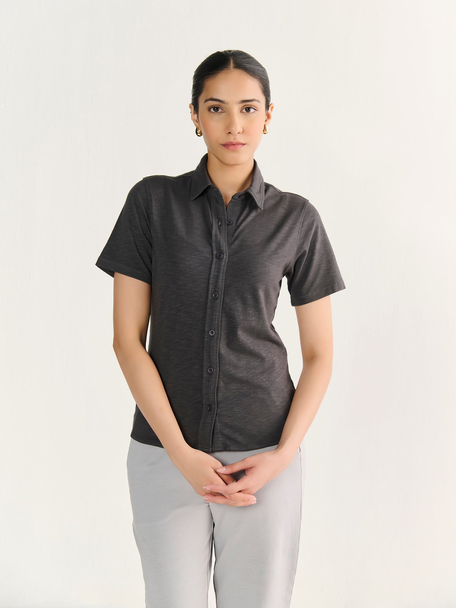 Textured Slub Short Sleeve Button Down