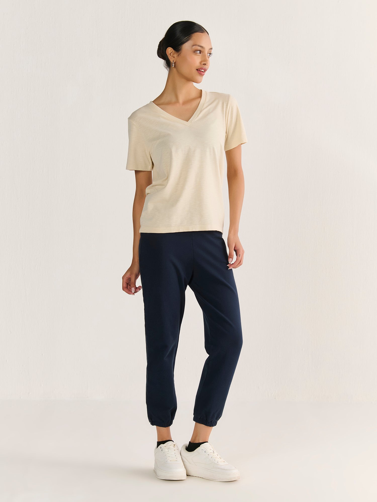 Textured Slub V Neck Short Sleeve