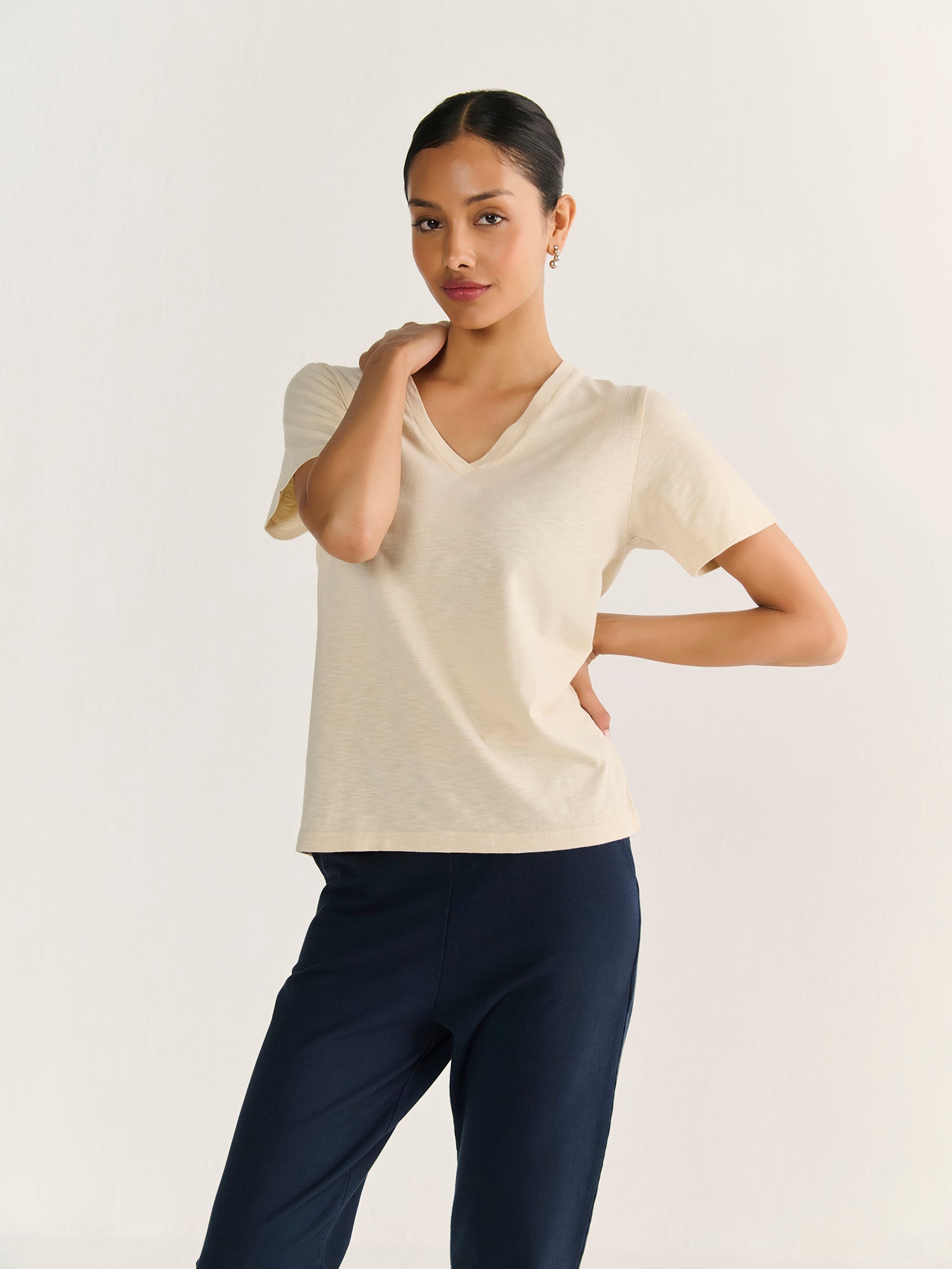 Textured Slub V Neck Short Sleeve