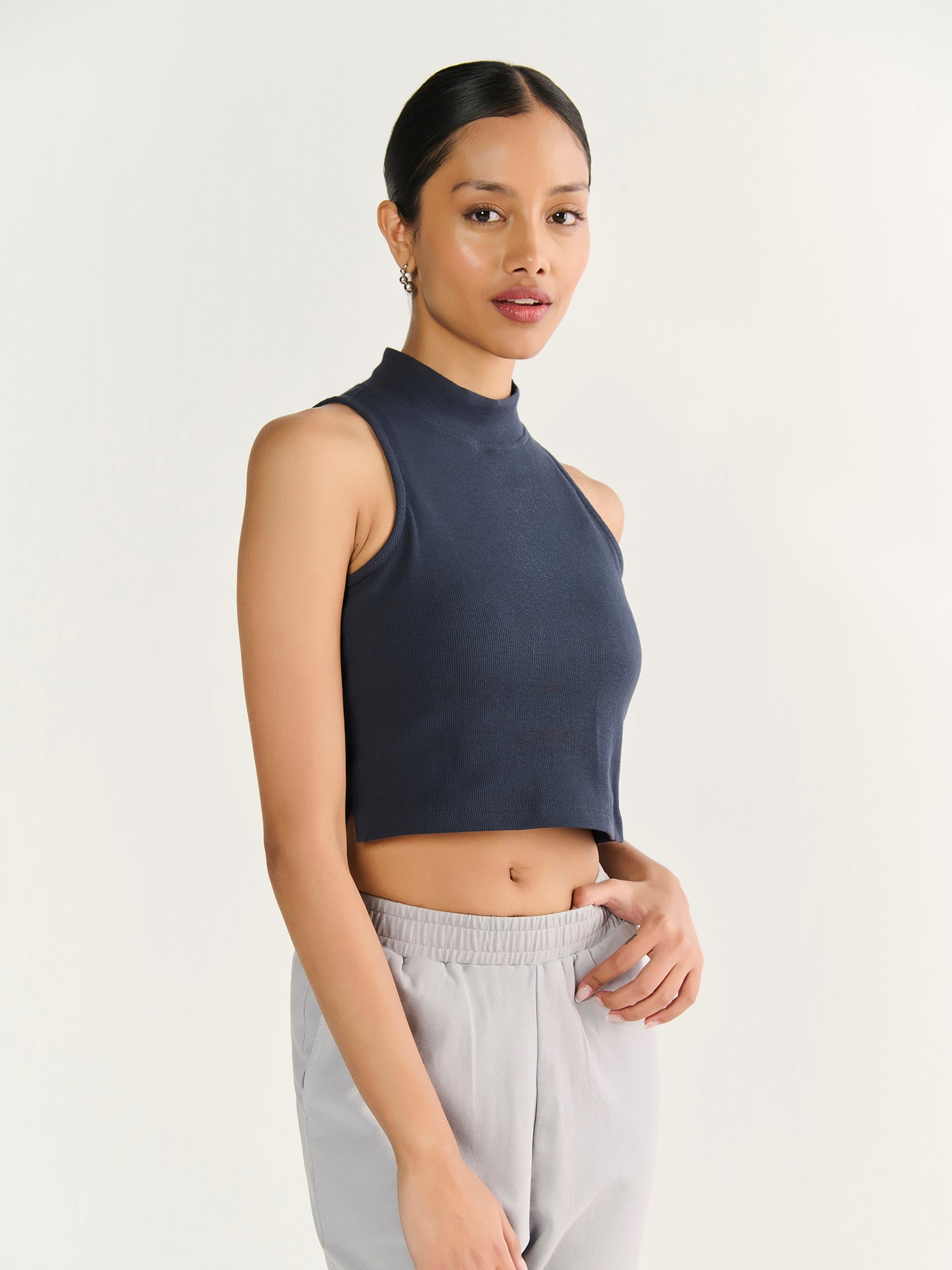 Rib High Neck Cropped Tank