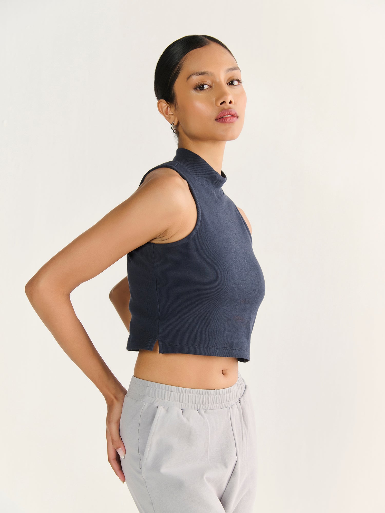 Rib High Neck Cropped Tank