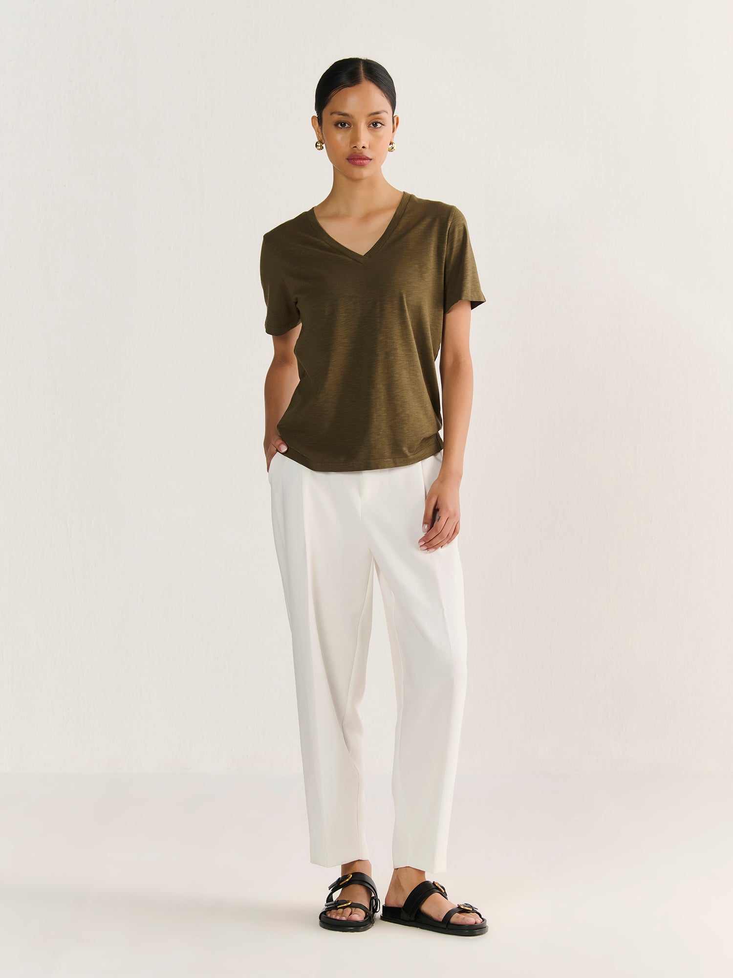 Textured Slub V Neck Short Sleeve