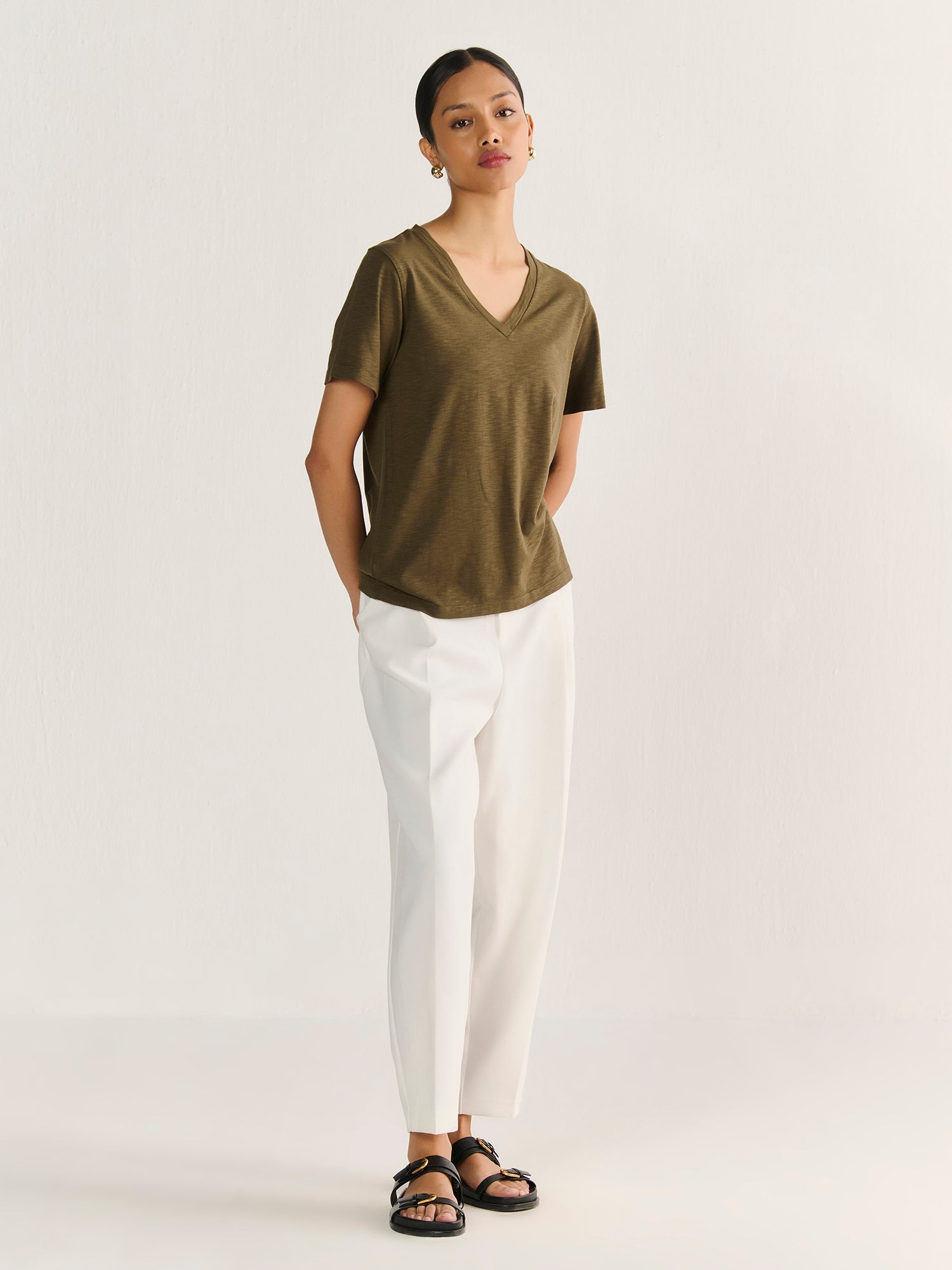 Textured Slub V Neck Short Sleeve