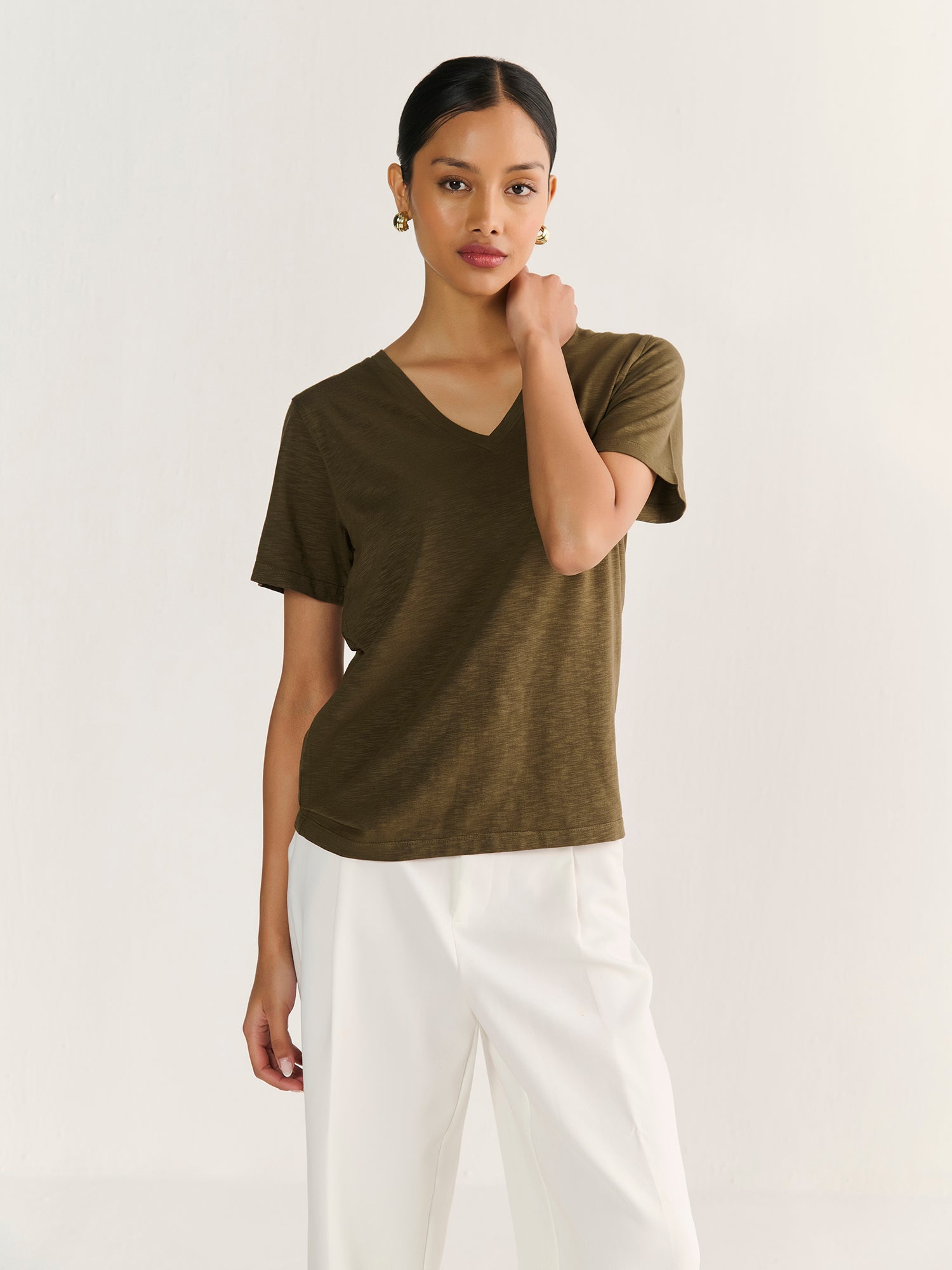Textured Slub V Neck Short Sleeve