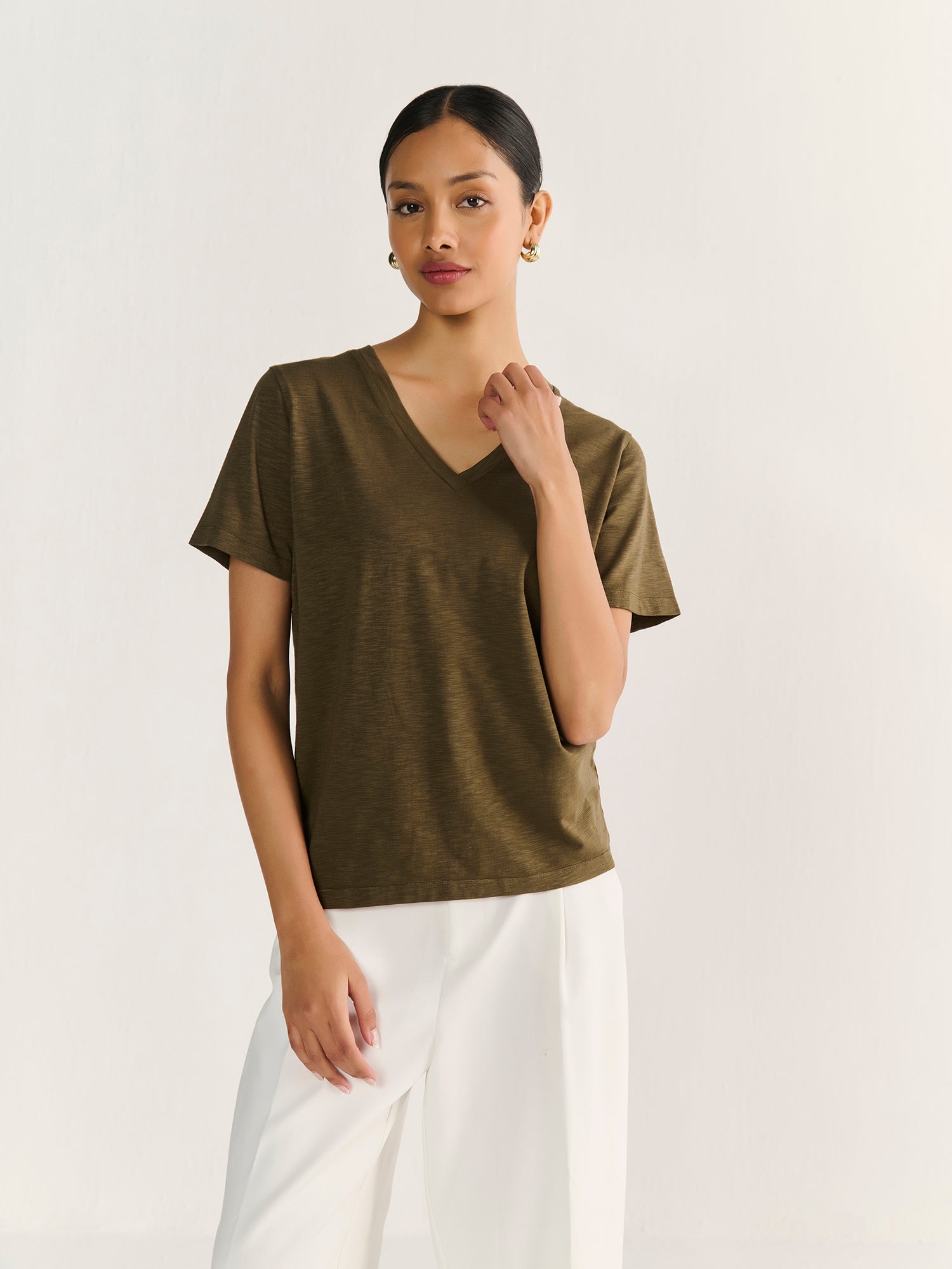 Textured Slub V Neck Short Sleeve
