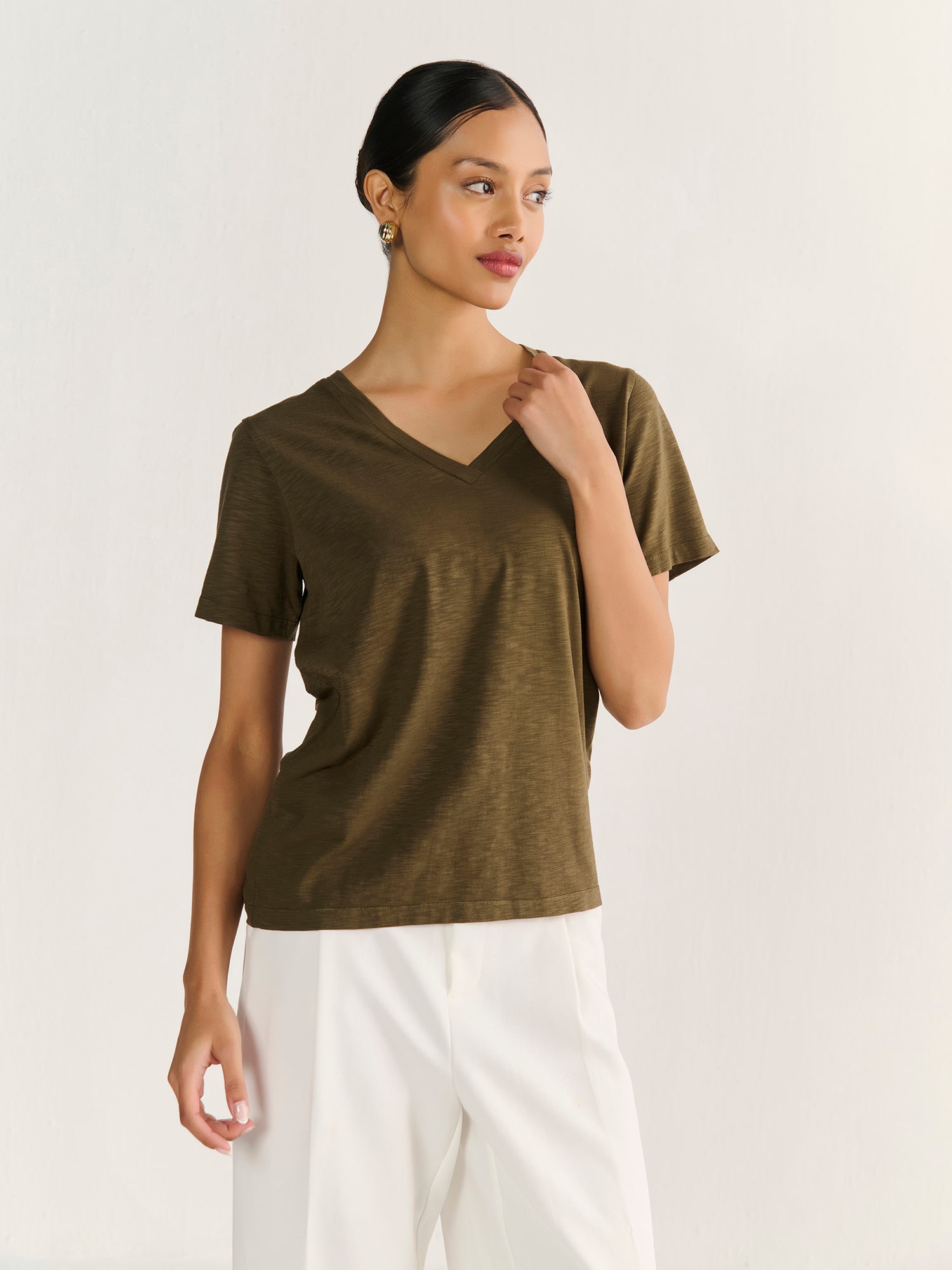 Textured Slub V Neck Short Sleeve