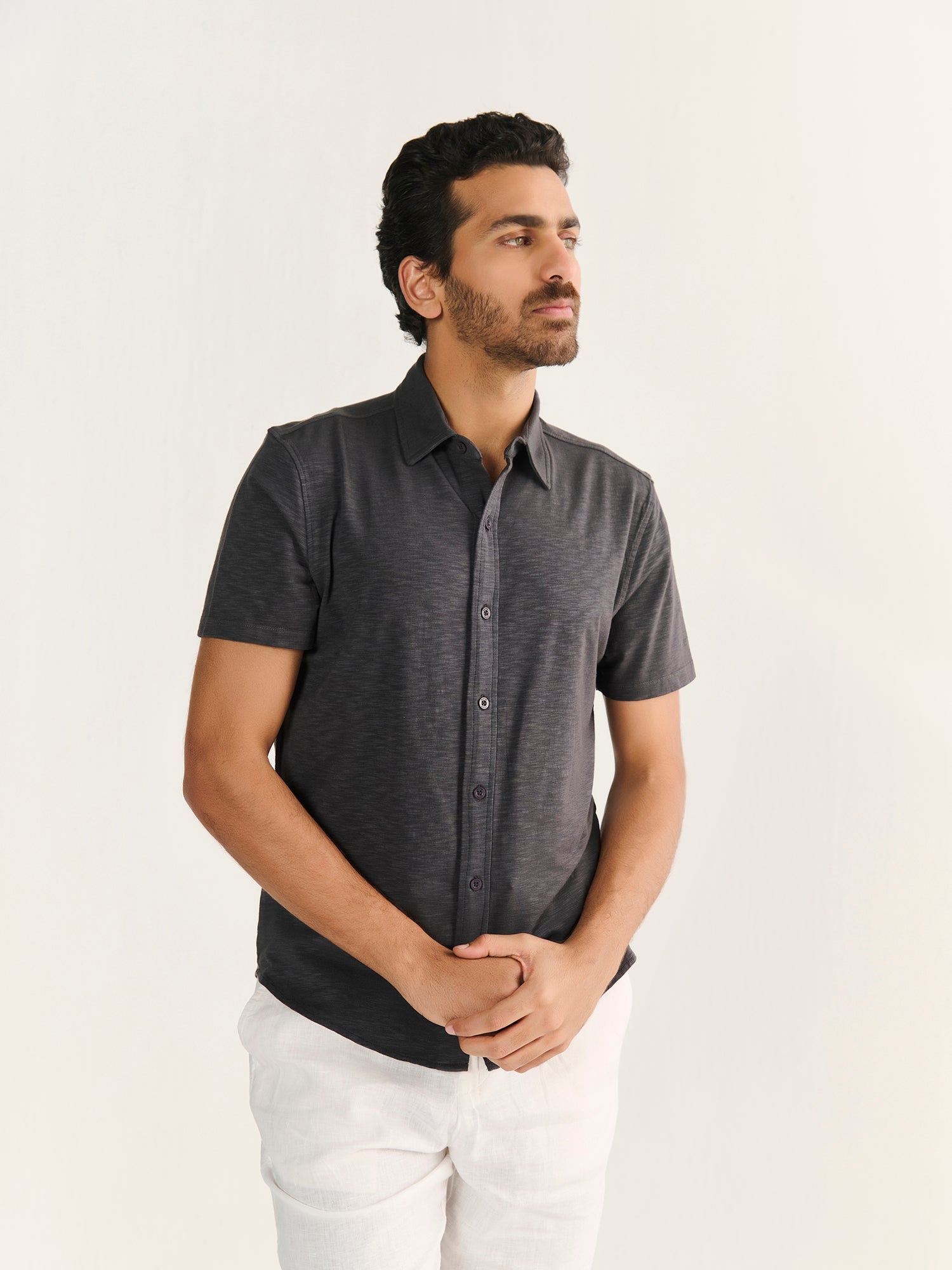 Textured Slub Short Sleeve Button Down
