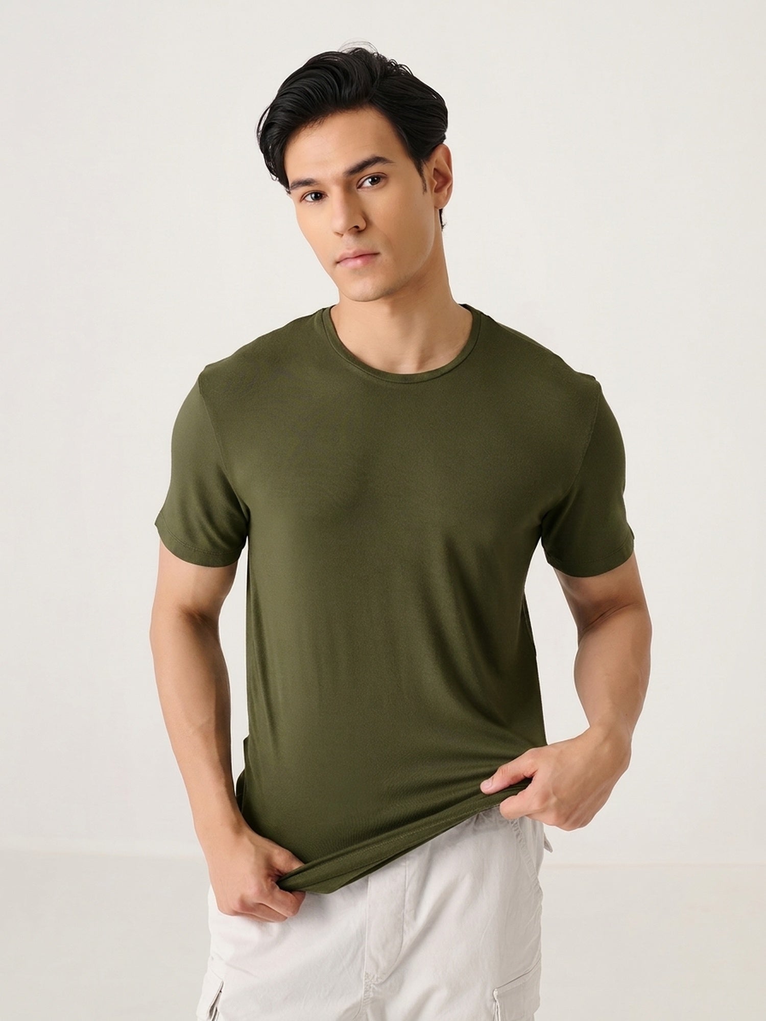 Slim Fit Stretch in Olive - front view on model