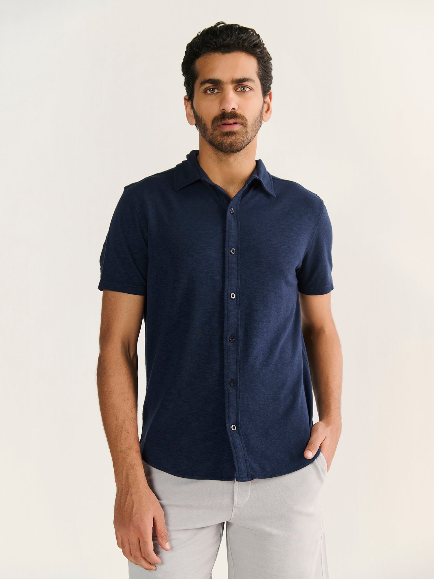 Textured Slub Short Sleeve Button Down