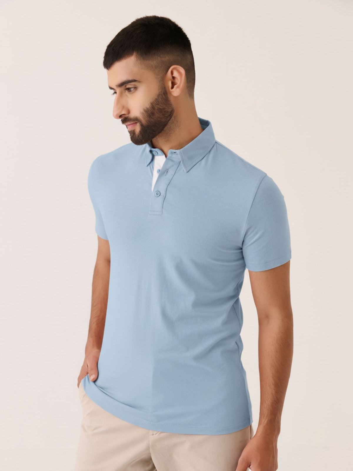 Short Sleeve Polo in Ice Blue - front view on model