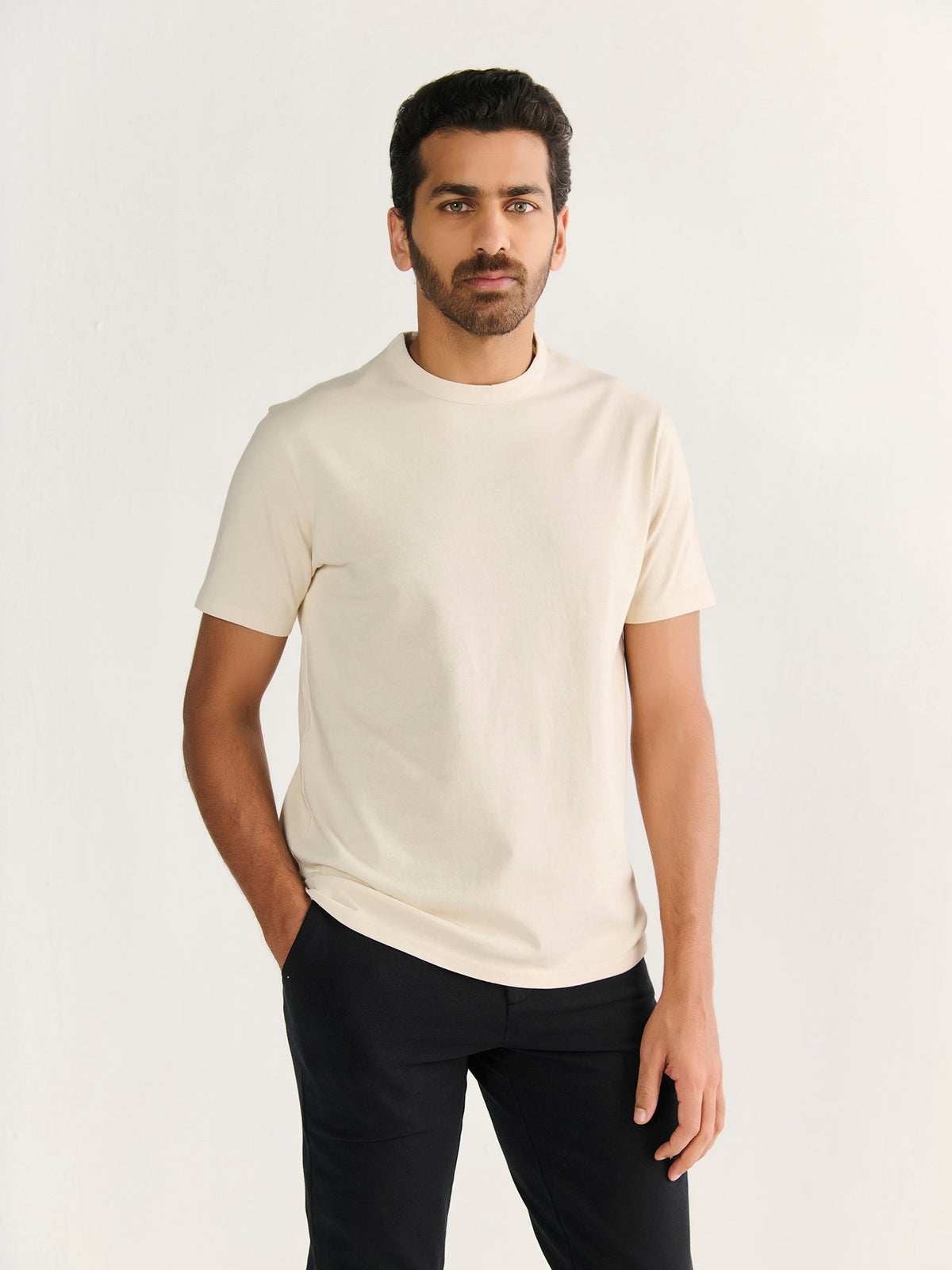 Heavy Short Sleeve Tee in Beige, worn by a model