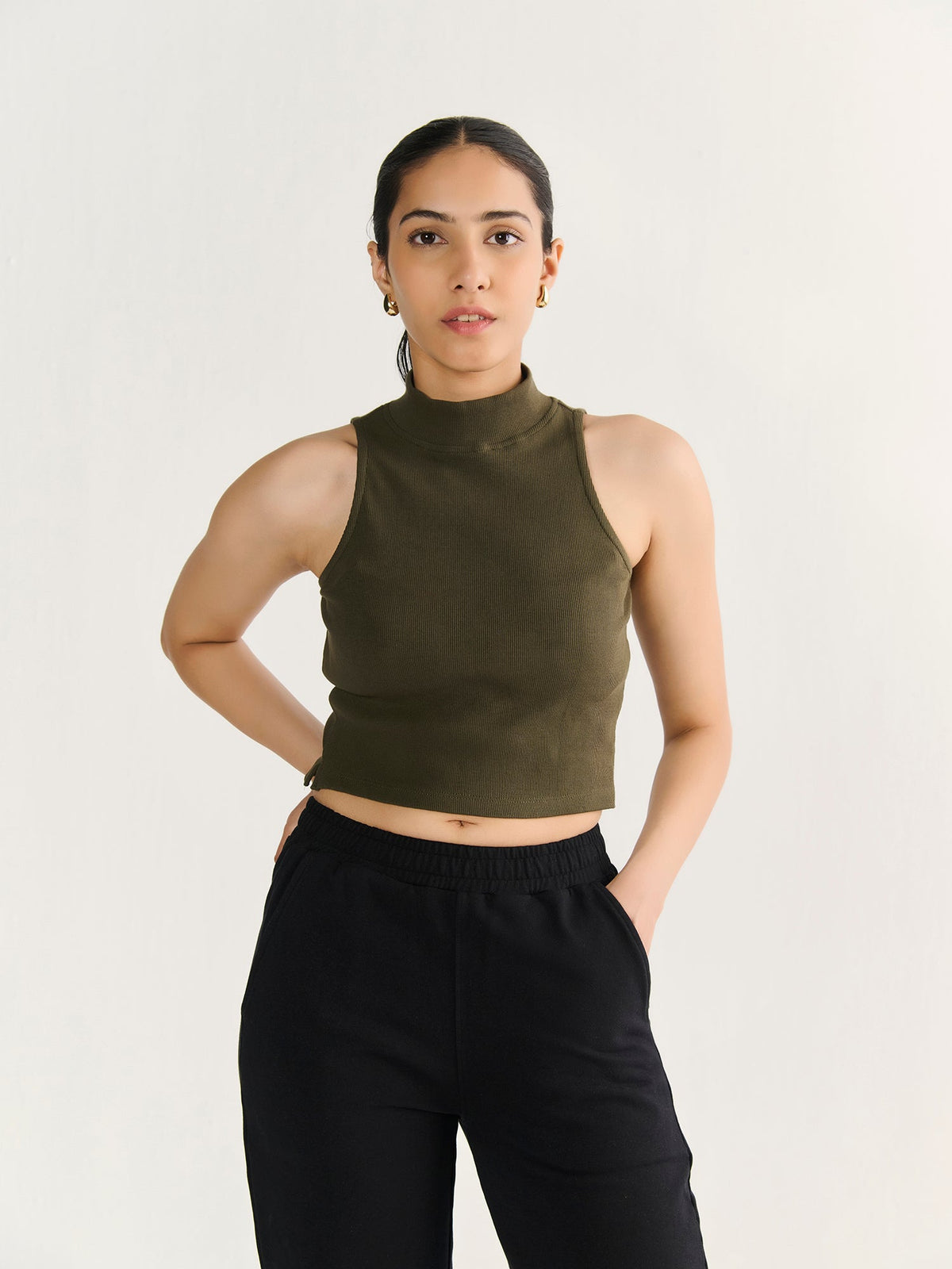 Rib High Neck Cropped Tank in Olive, worn by a model