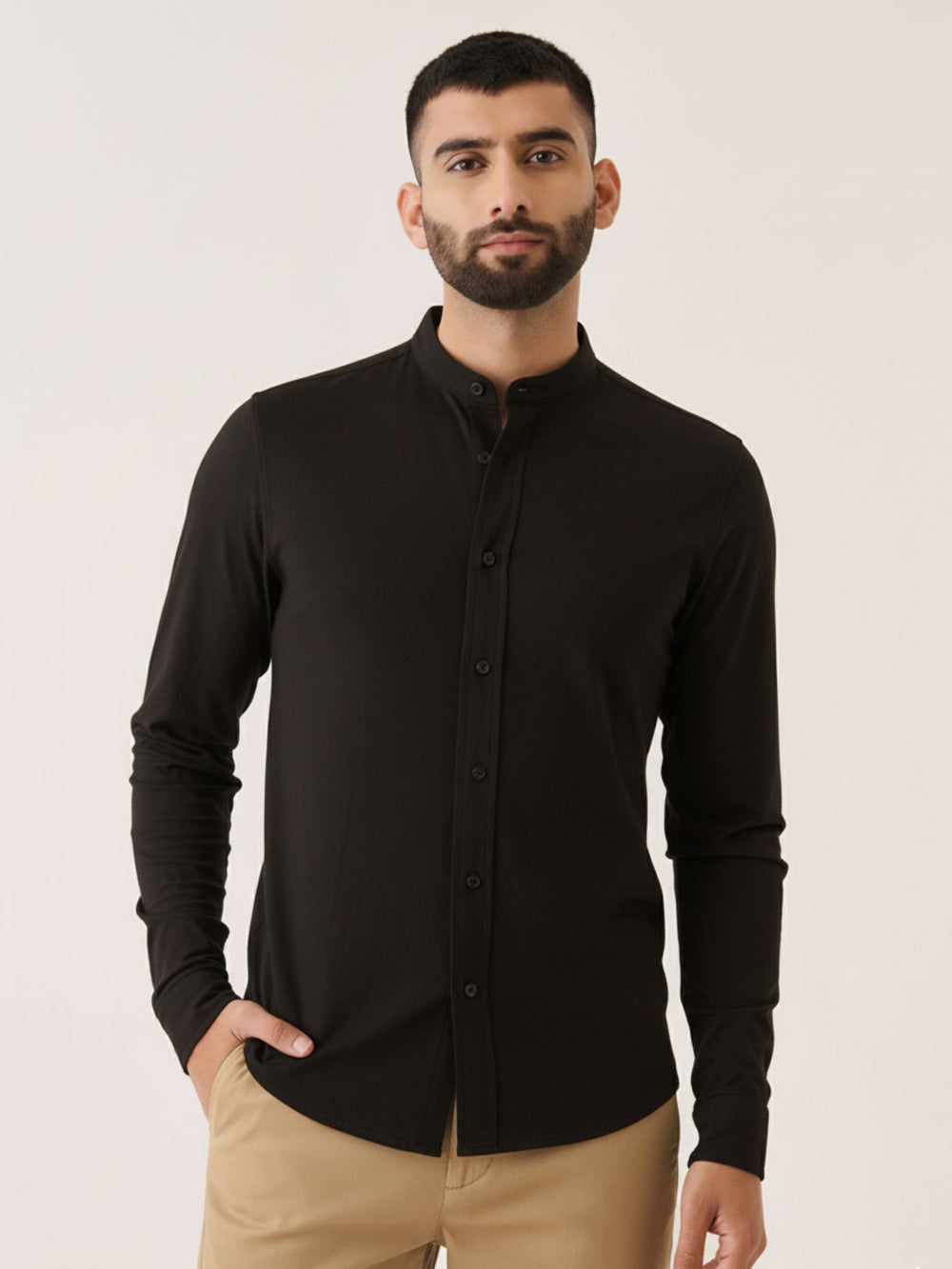 Mandarin Collar Long Sleeve Shirt in Black - front view on model