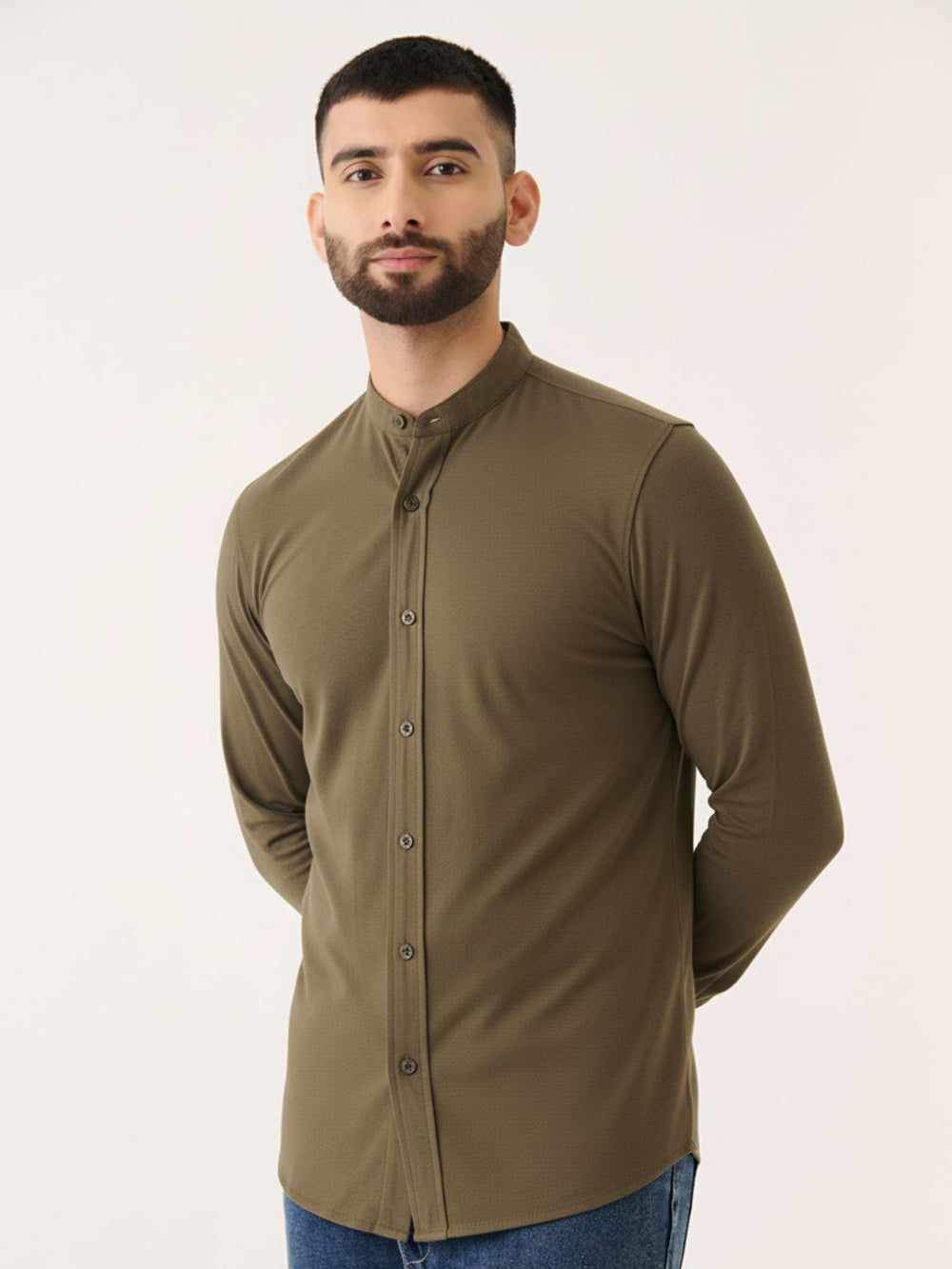 Mandarin Collar Long Sleeve Shirt in Olive - front view on model