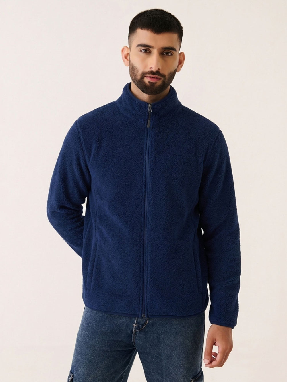 Polar Fleece Zip-up Jacket in Navy - front view on model