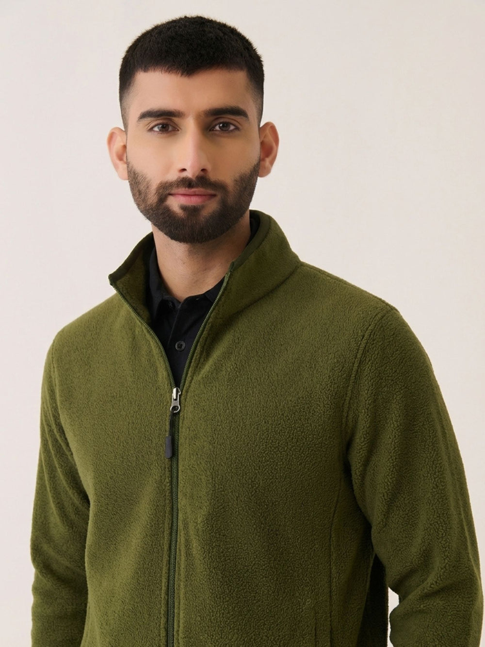 Polar Fleece Zip-up Jacket in Olive - front view on model