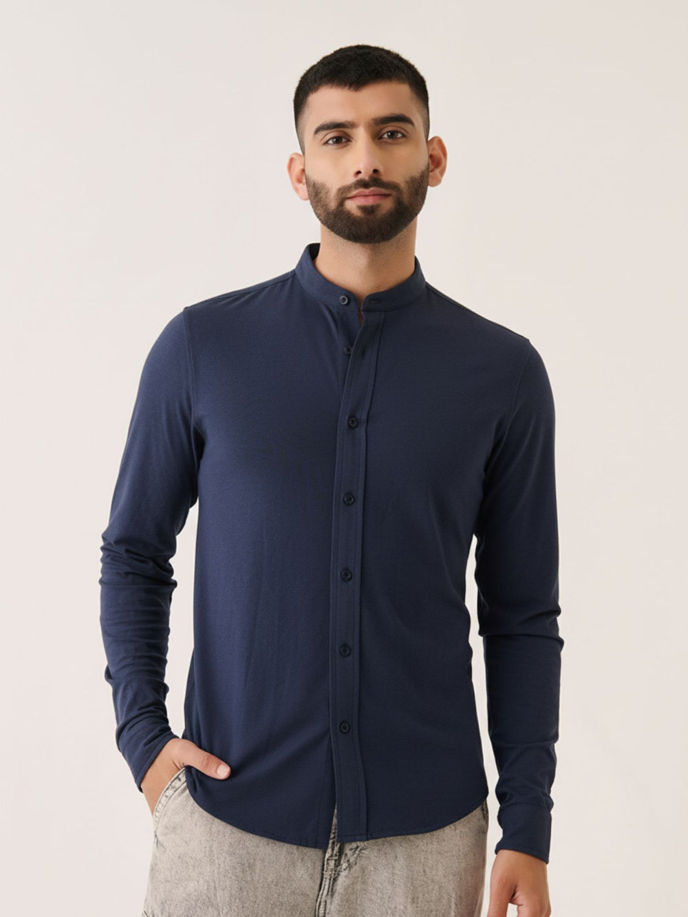 Mandarin Collar Long Sleeve Shirt in Navy - front view on model