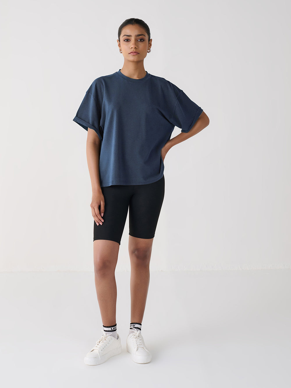 Pinned Sleeve Easy Tee in Navy - front view on model