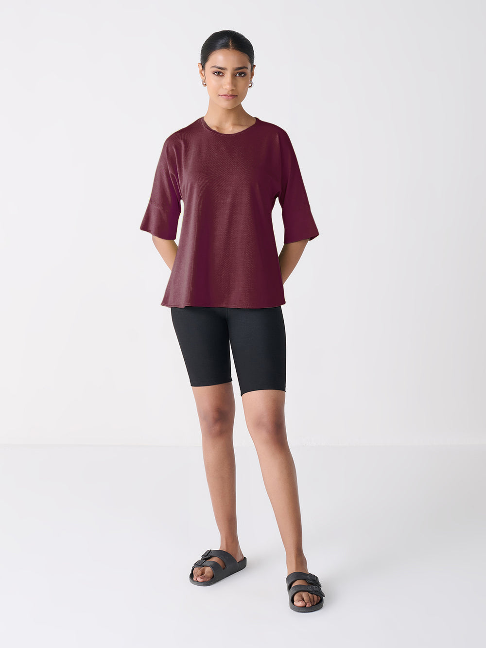 A-Line Cuff Sleeve in Wine - front view on model