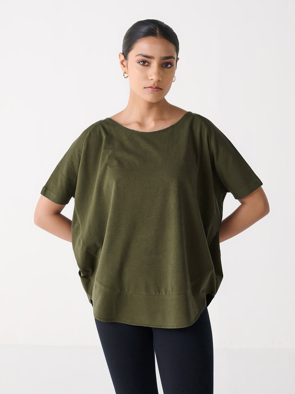 Flowy Fit Top in Olive - front view on model
