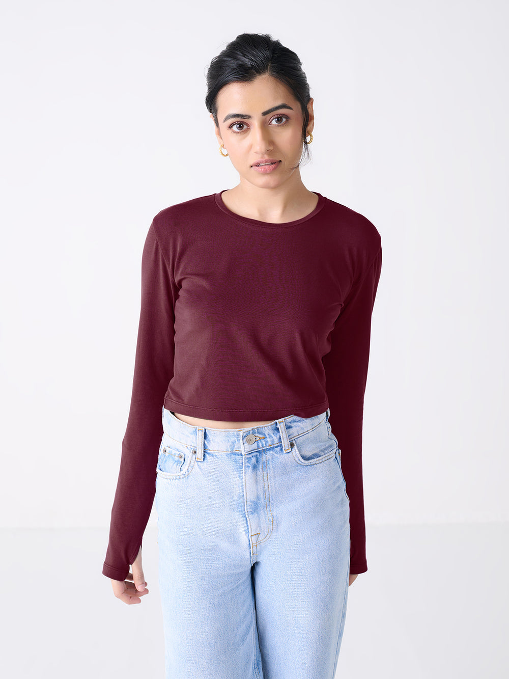 Long Sleeve Crop in Wine - front view on model