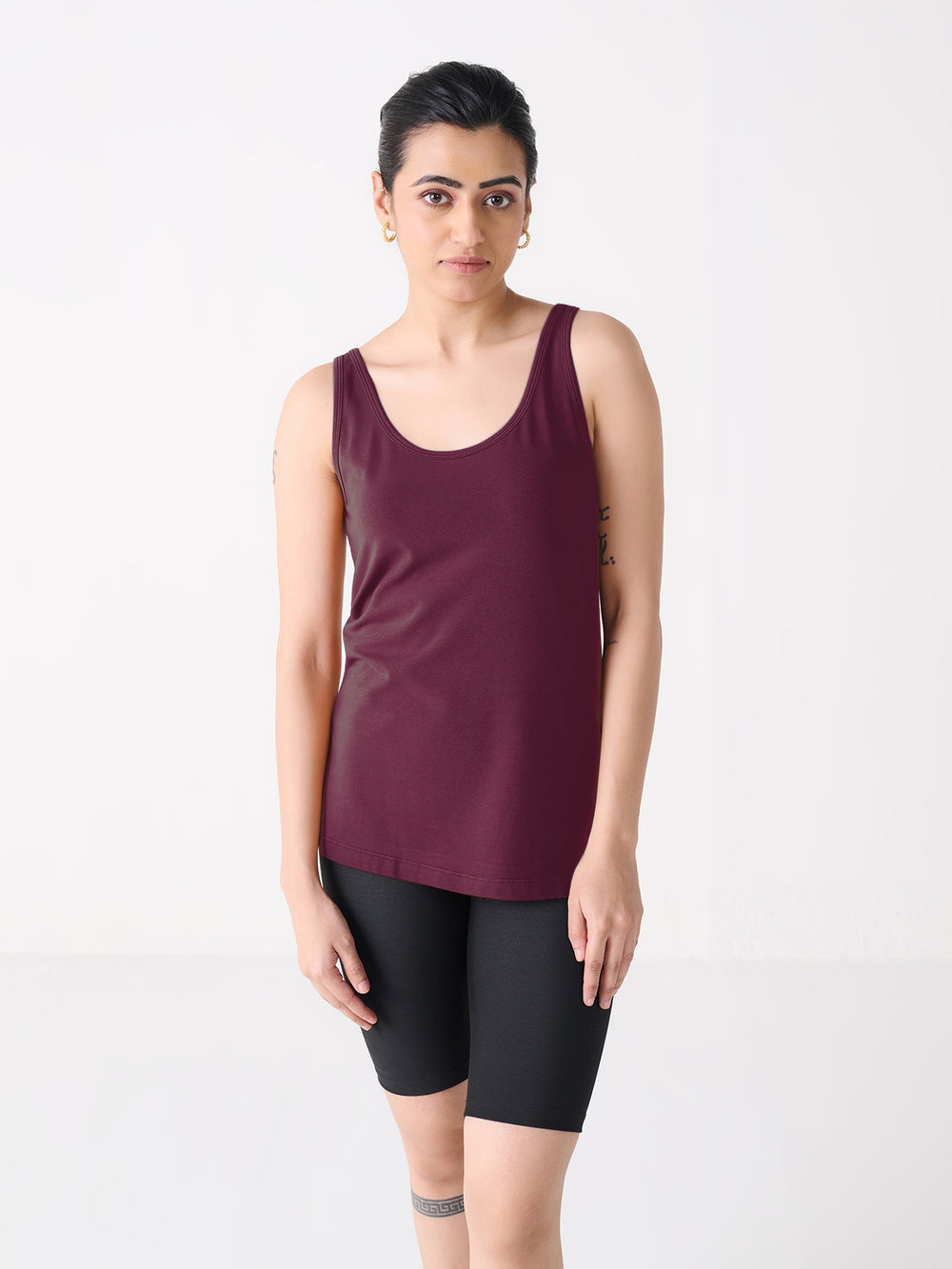 The Better Tank in Wine - front view on model