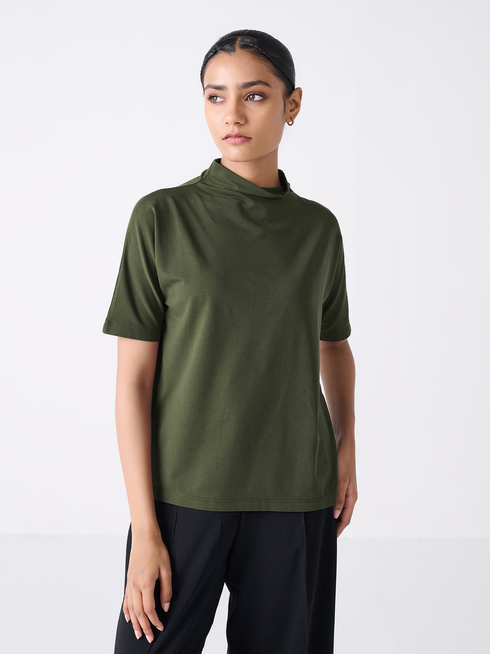 Mock Neck Wing Sleeve in Olive - front view on model