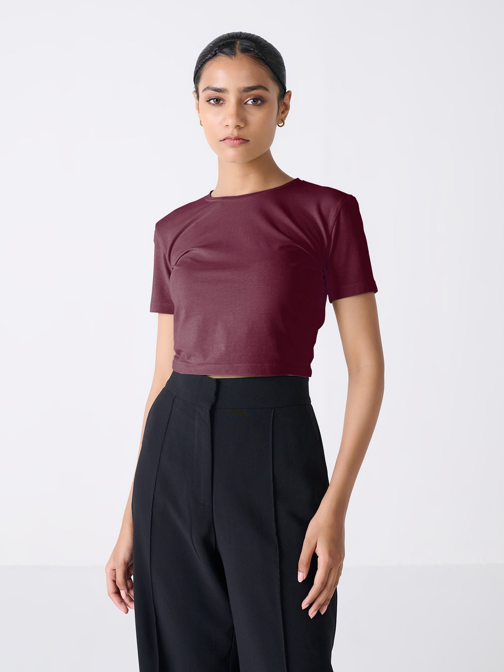 Short Sleeve Crop in Wine - front view on model