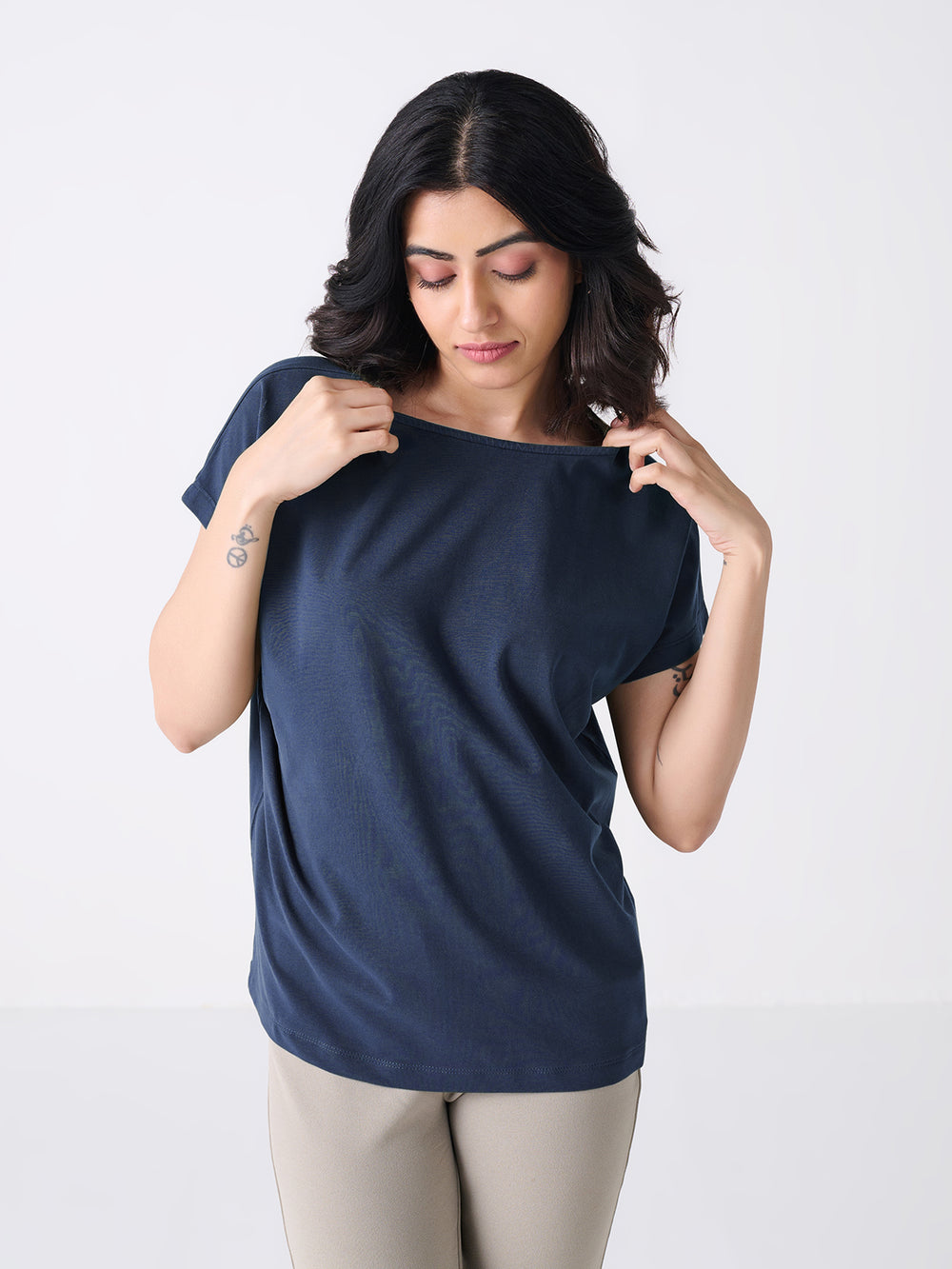 Box Cut Wing Sleeve in Navy - front view on model