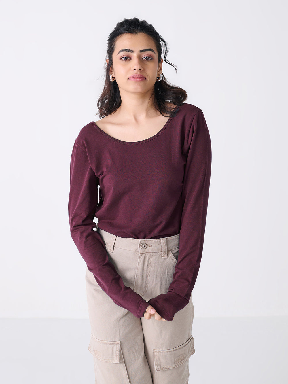 Scoop Neck Long Sleeve in Wine - front view on model