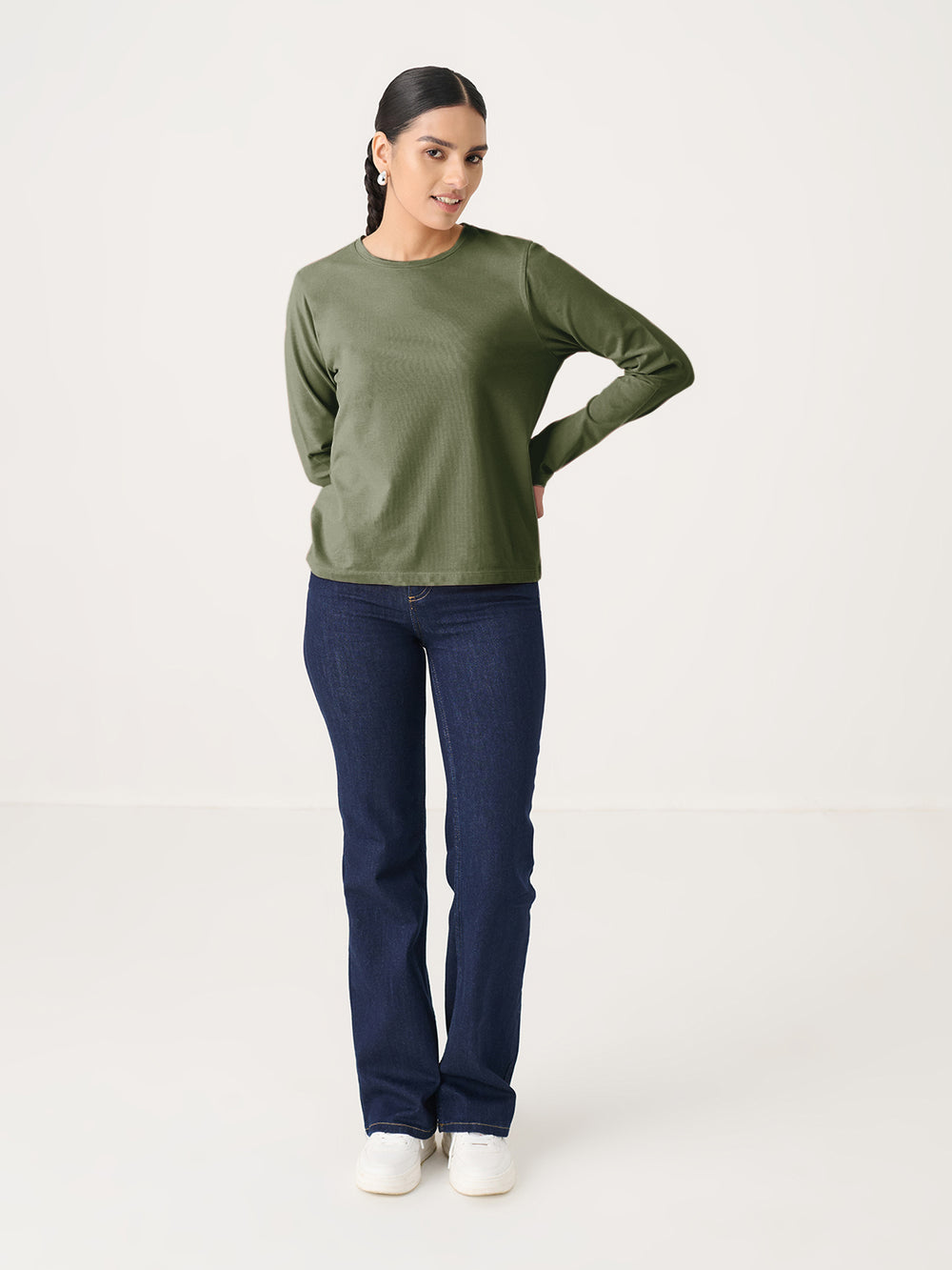 Long Sleeve Tee in Olive - front view on model