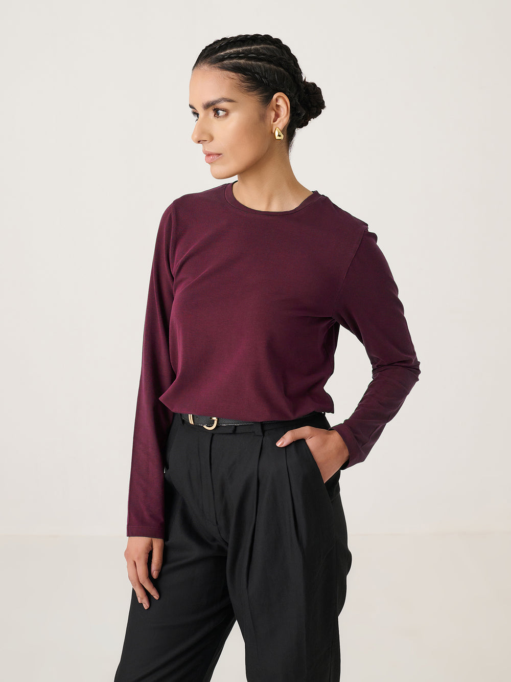 Long Sleeve Tee in Wine - front view on model