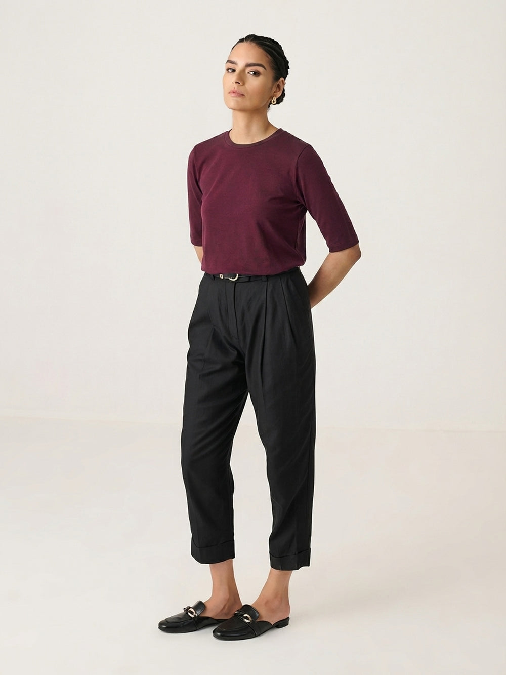 Elbow Sleeve Tee in Wine - styled outfit on model